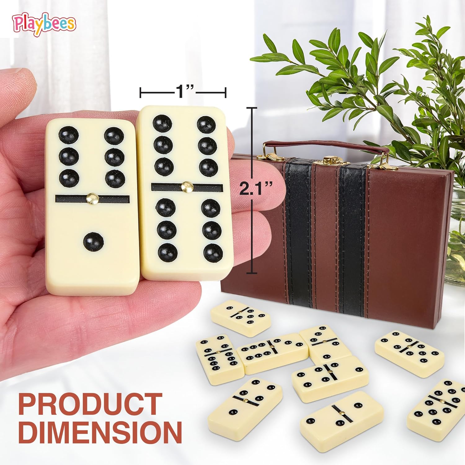 Jumbo Double Six Domino Set - 28 Thick White Tiles - with Wooden Vegan Leather Box