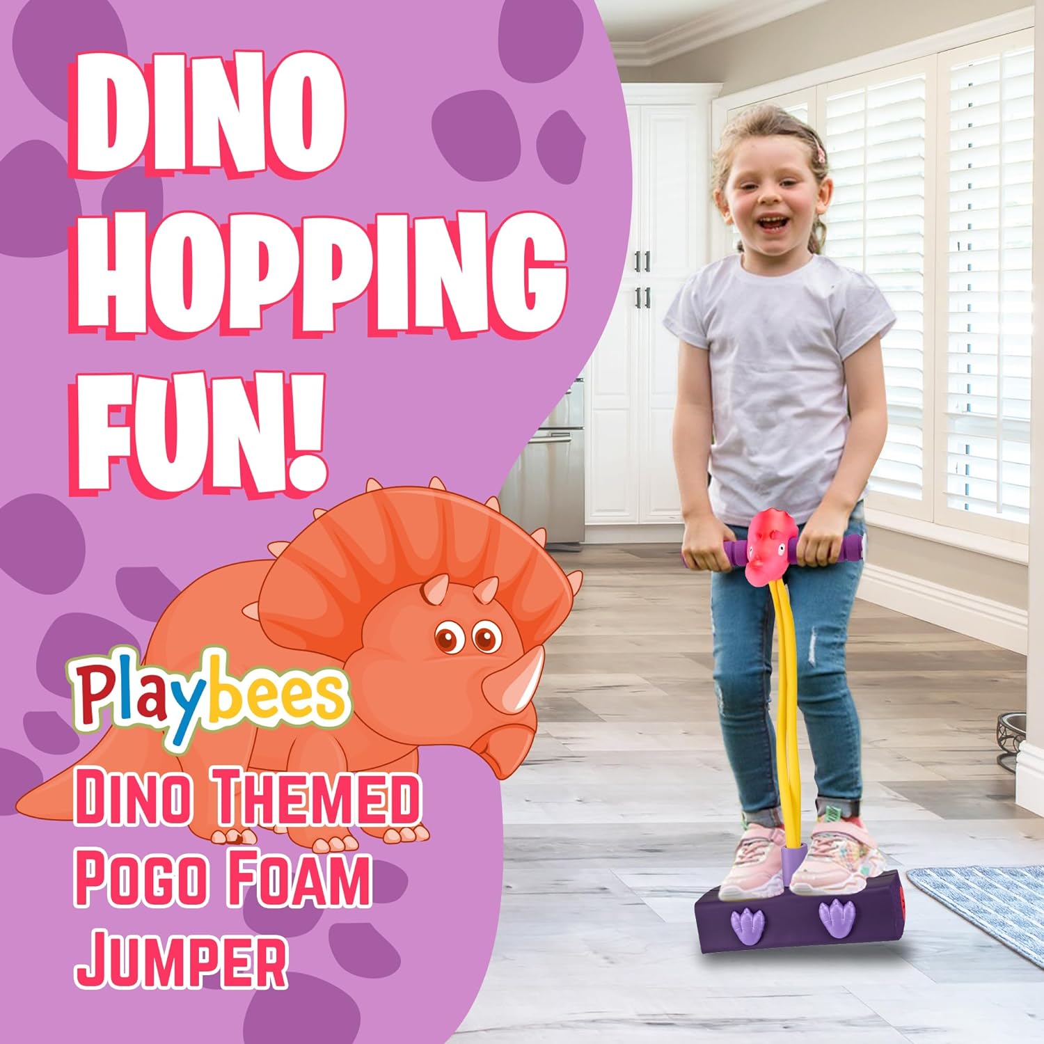 Triceratops Foam Pogo Stick - Jumper for Kids 3-7 Years, Dinosaur Themed Bungee Pogo Stick