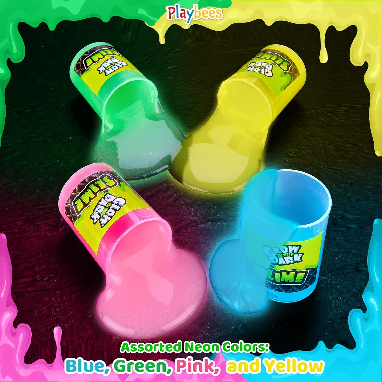 Glow in The Dark Slime - 6 Pack - Neon Blue, Green, Pink, Yellow Colors - Glowing Slime Kit