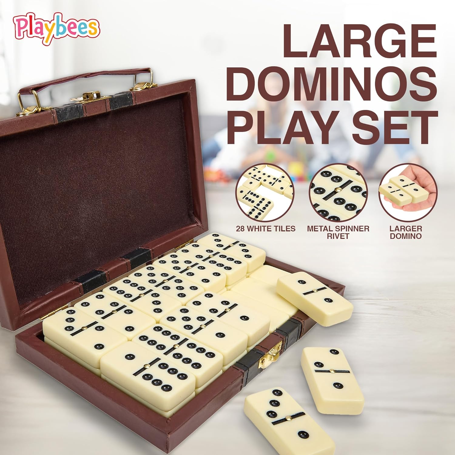 Jumbo Double Six Domino Set - 28 Thick White Tiles - with Wooden Vegan Leather Box