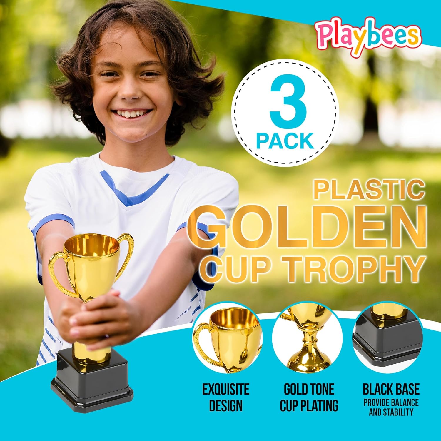 Fun Gold Plastic Trophies - 3 Pack - 7 Inch - Award Trophy Cup Set
