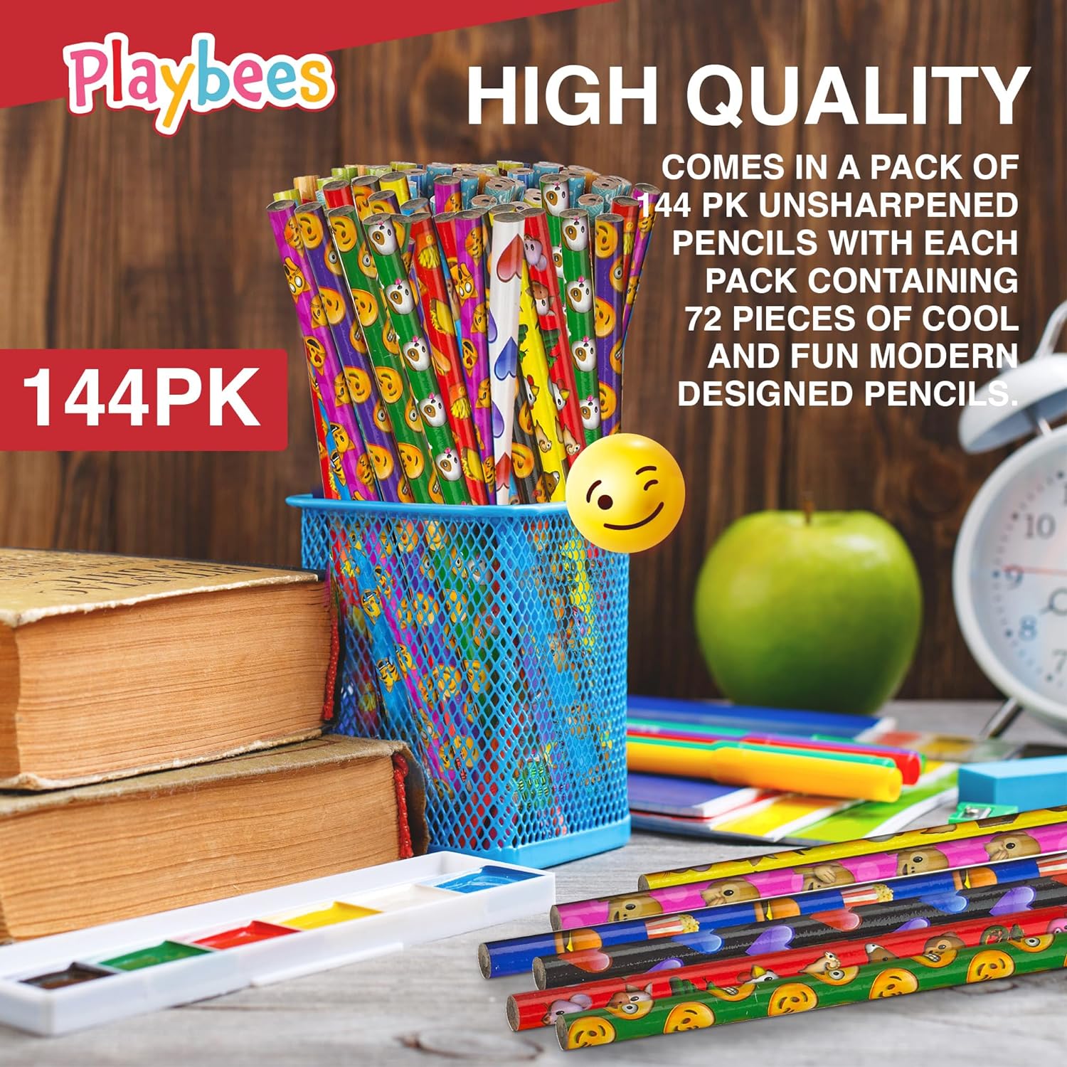 Emoticon Pencils - 144 Pack - Fun & Vibrant Writing Tools with Erasers - Assorted Emoticon Designs