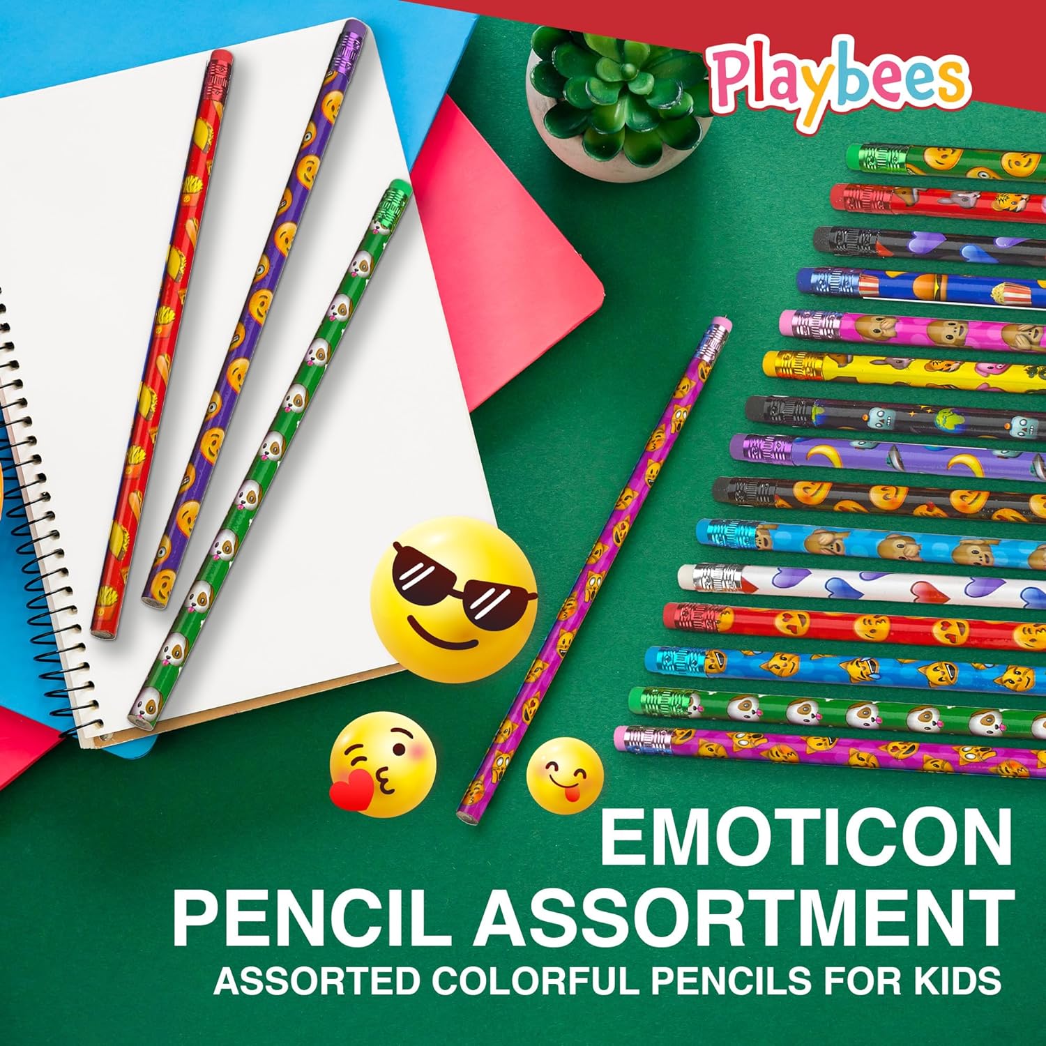 Emoticon Pencils - 144 Pack - Fun & Vibrant Writing Tools with Erasers - Assorted Emoticon Designs