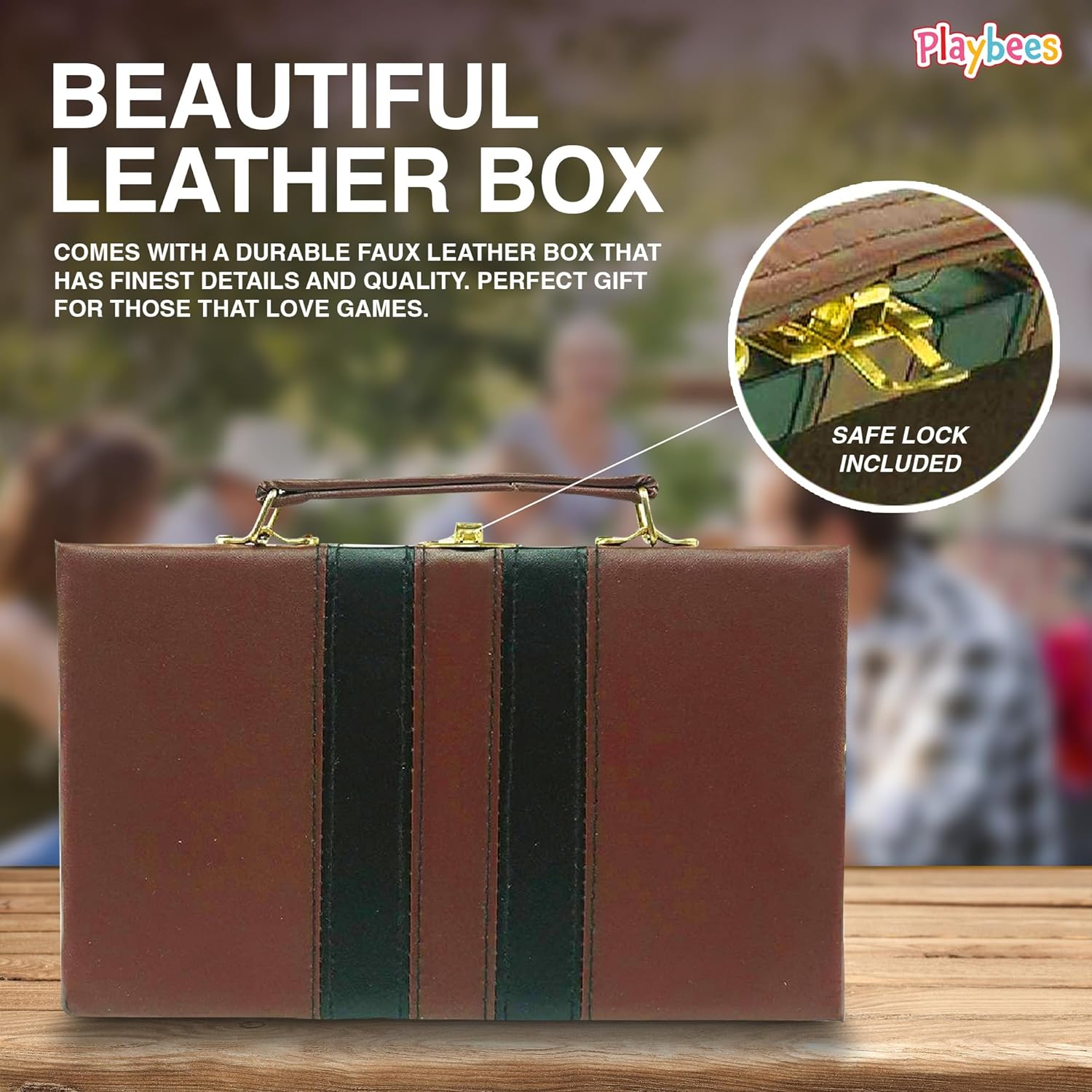 Jumbo Double Six Domino Set - 28 Thick White Tiles - with Wooden Vegan Leather Box