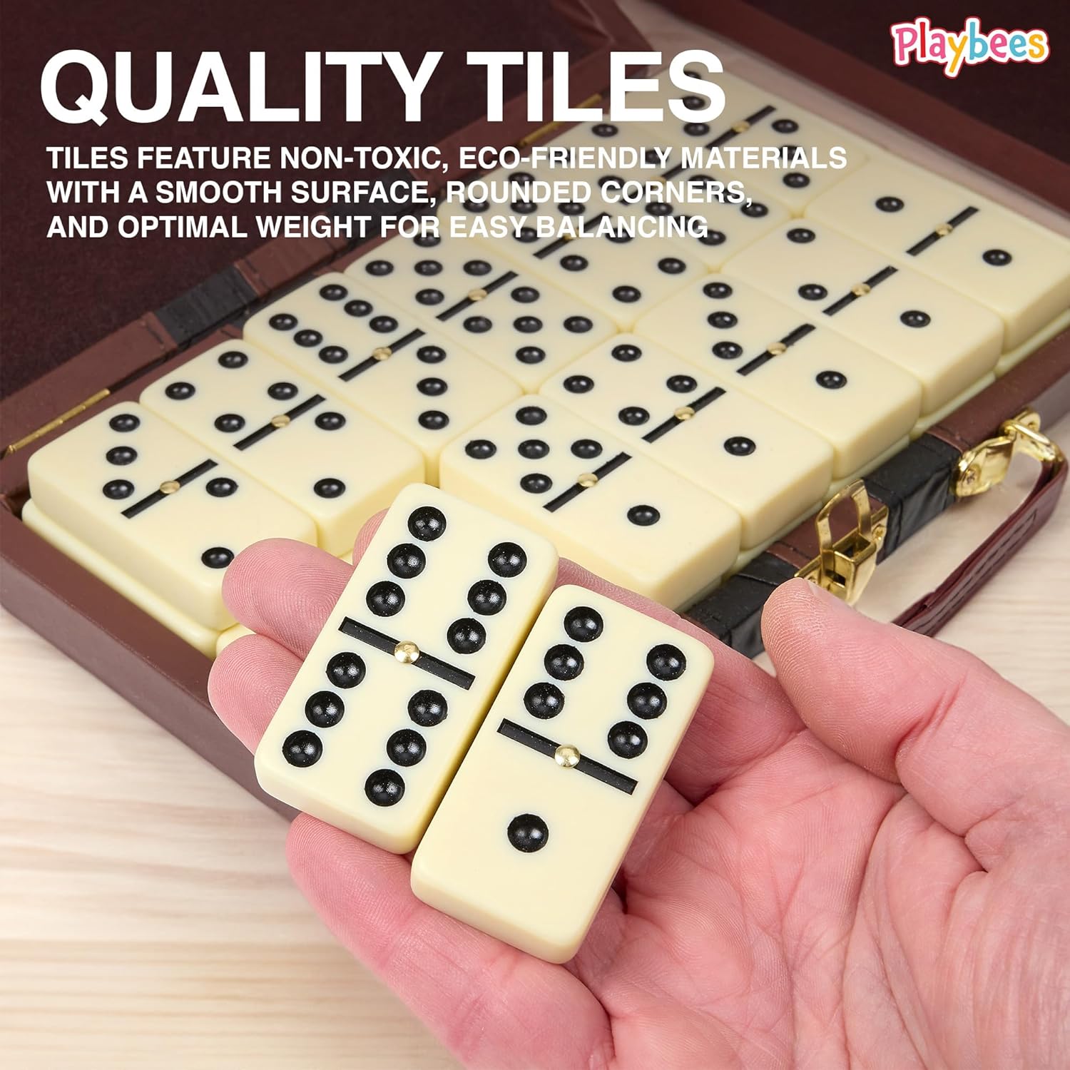 Jumbo Double Six Domino Set - 28 Thick White Tiles - with Wooden Vegan Leather Box