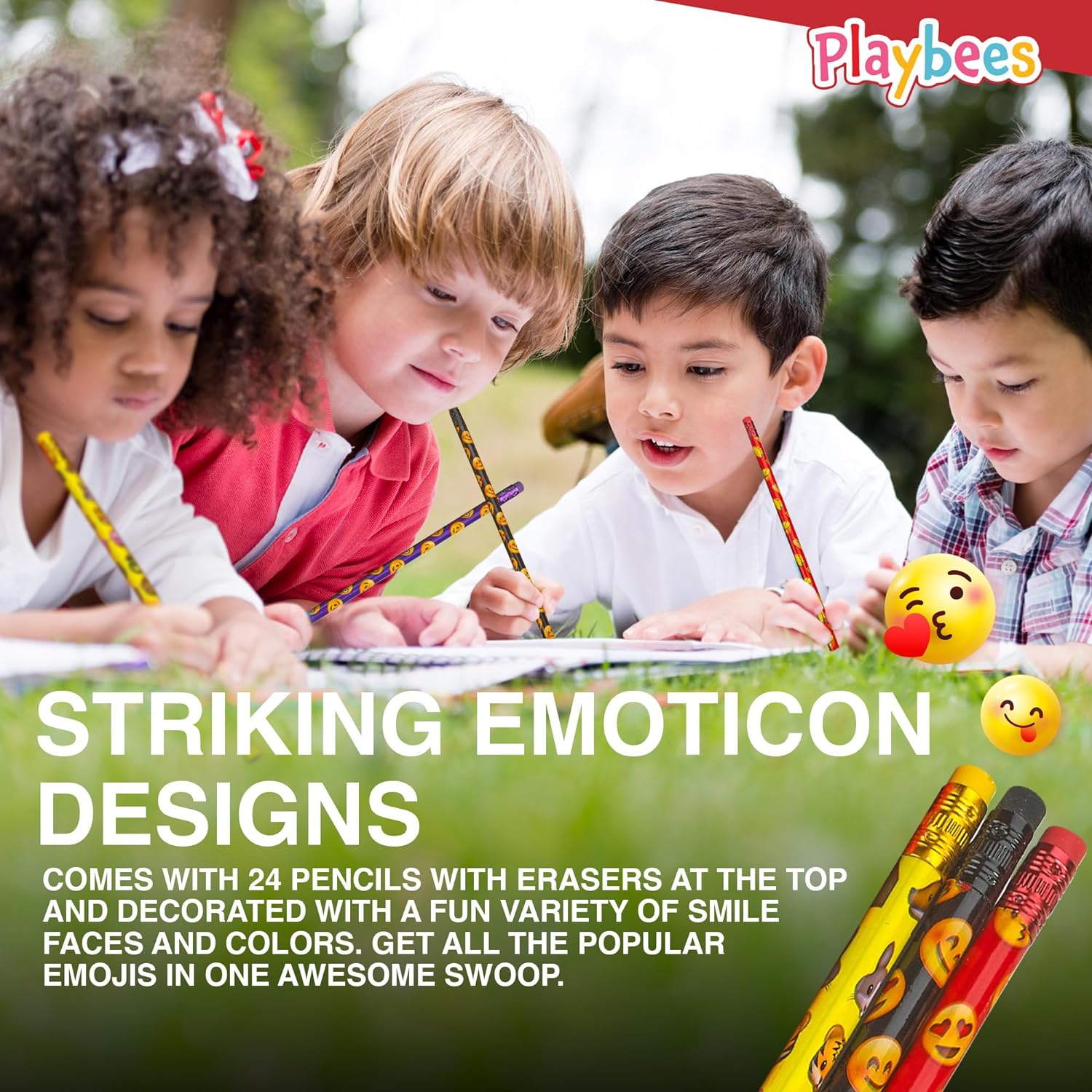 Emoticon Pencils - 144 Pack - Fun & Vibrant Writing Tools with Erasers - Assorted Emoticon Designs
