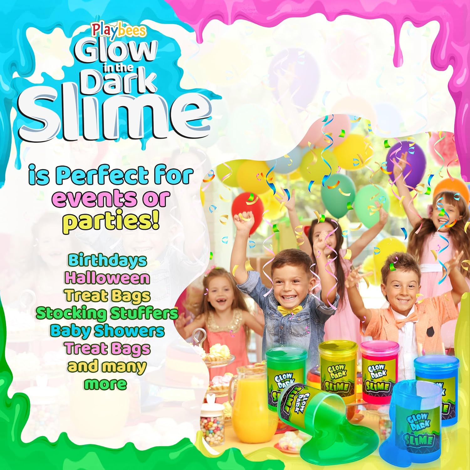 Glow in The Dark Slime - 6 Pack - Neon Blue, Green, Pink, Yellow Colors - Glowing Slime Kit