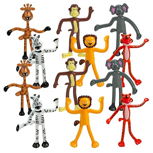 Bendable Zoo Animal Toys - 12 Pack - Durable Plastic Jungle Animals Figures