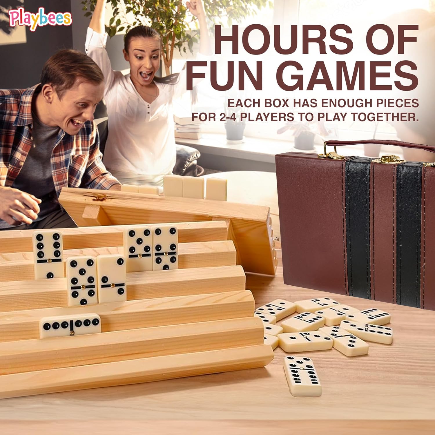 Jumbo Double Six Domino Set - 28 Thick White Tiles - with Wooden Vegan Leather Box