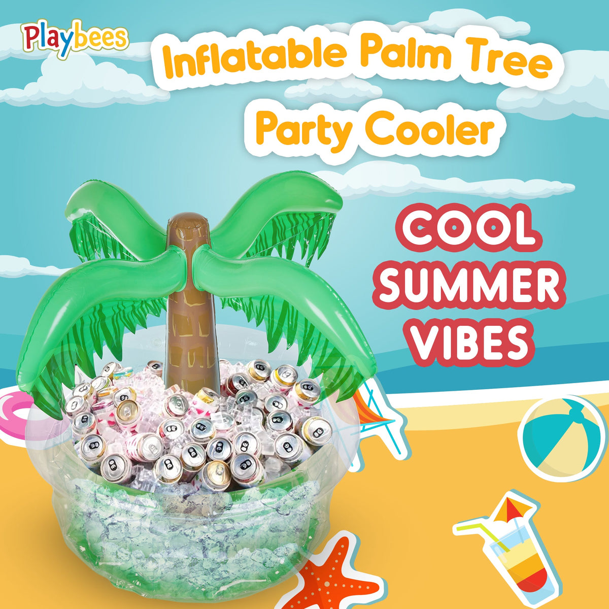 Inflatable Palm Tree Cooler 28" - Blow Up Palm Tree Party Cooler, Luau Hawaiian Beach Theme, Summer Swimming Pool Outdoor Party Decorations