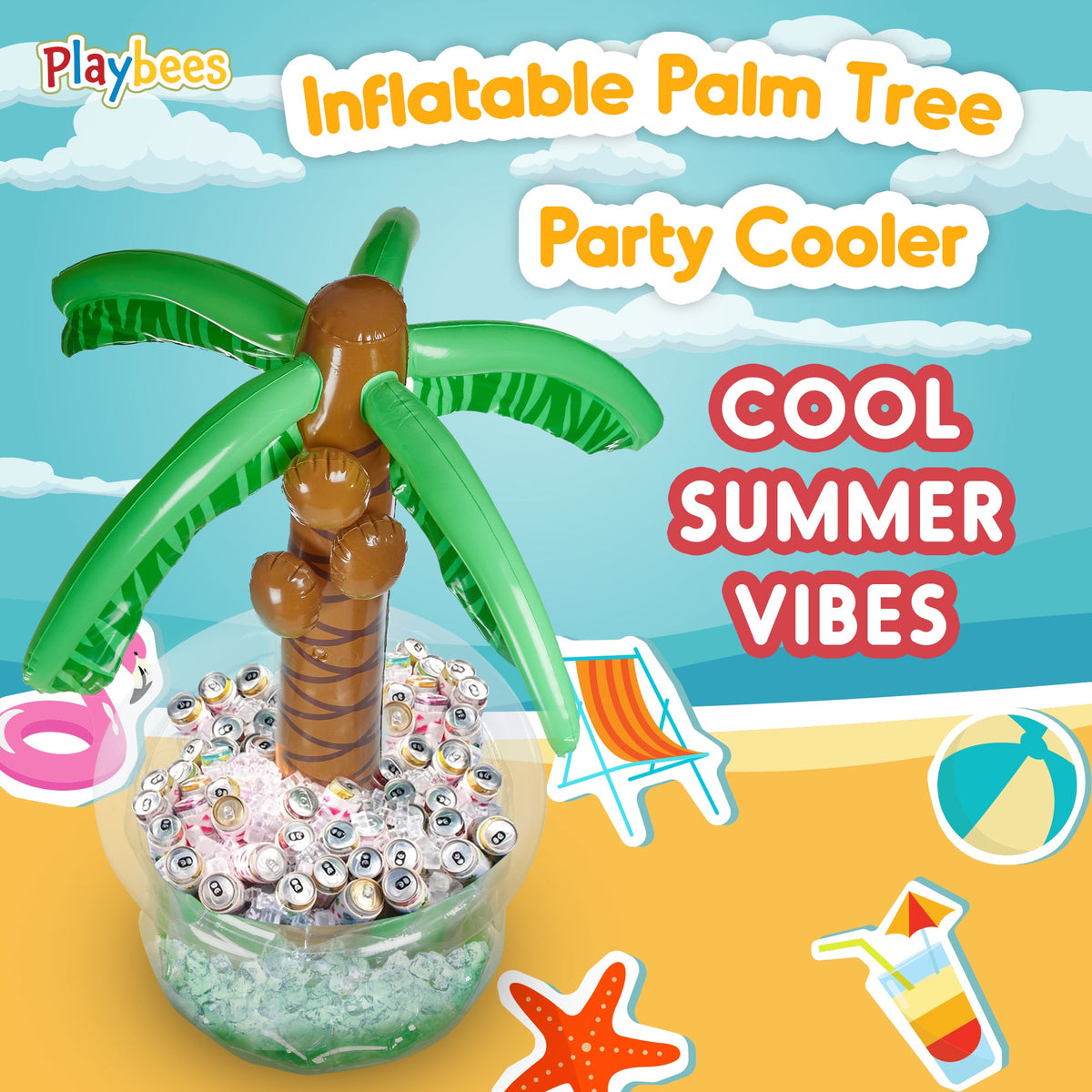 Inflatable Palm Tree Cooler 60" - Blow Up Palm Tree Party Cooler, Luau Hawaiian Beach Theme, Summer Swimming Pool Outdoor Party Decorations