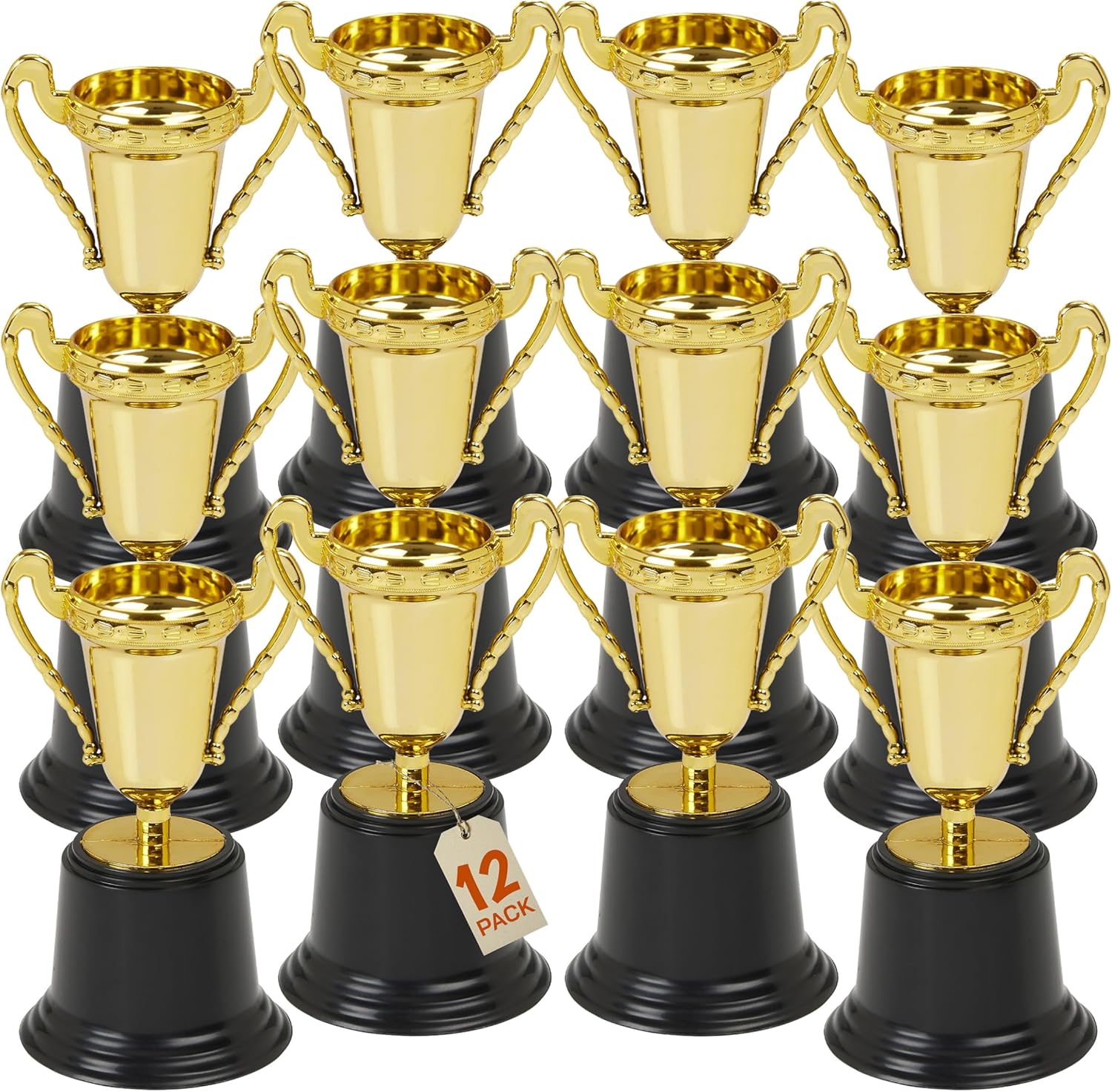 Plastic Mini Trophies - 12PK - 5 Inch - Gold Cups Participation Award, Sports Galore, Winning Prizes Props, Victory Vibes, Champion, Sports