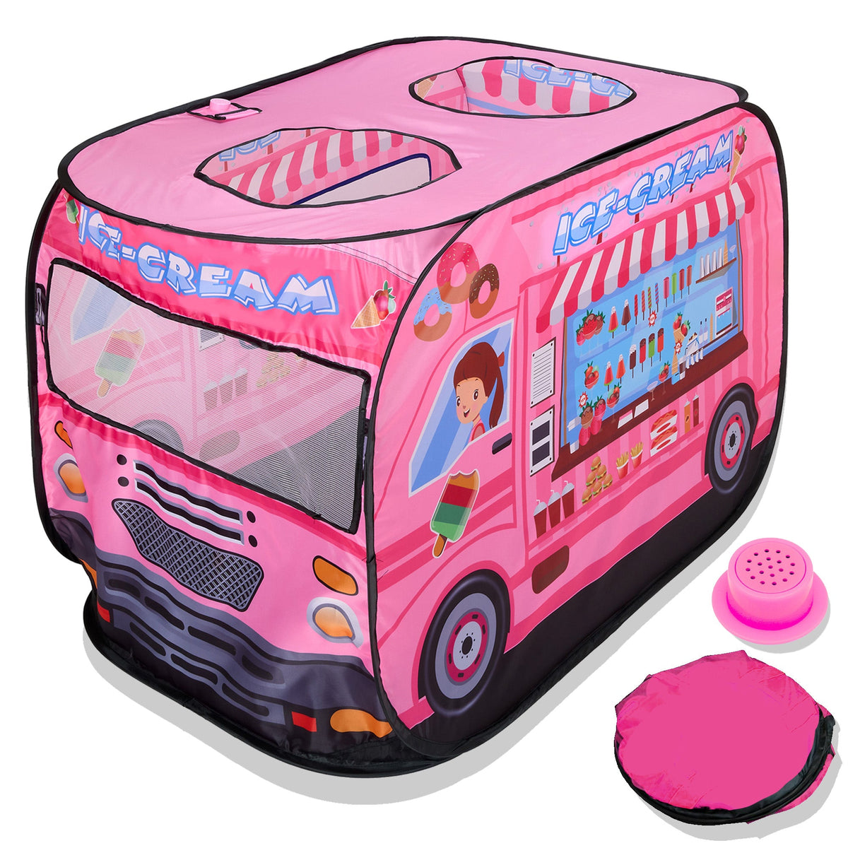 Musical Ice Cream Truck Pop Up Kids Play Tent with 3 Openings - Pretend Playhouse Tent for Toddlers - Sound Button Boys, Girls Indoor Outdoor