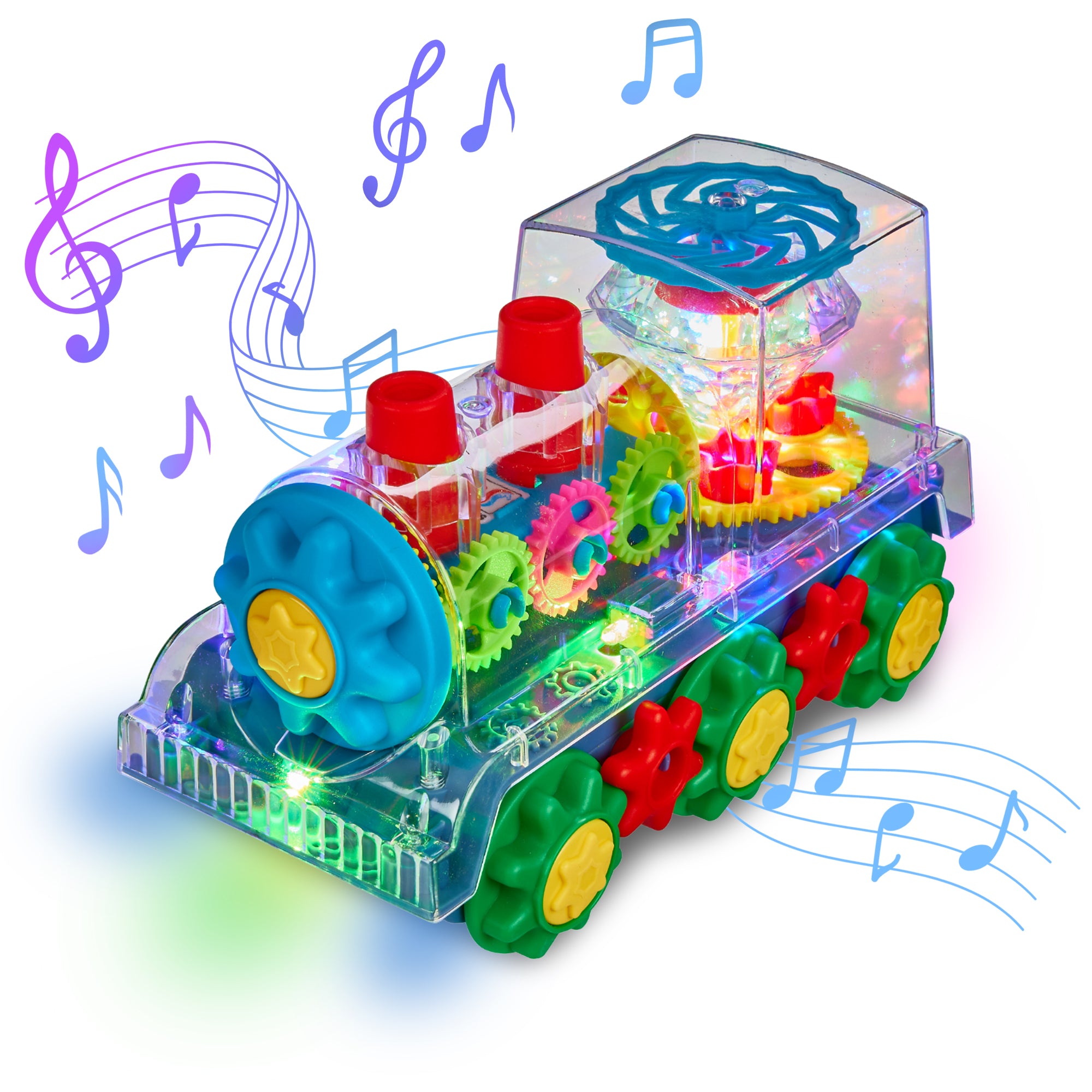 Light-Up Transparent Train Toy for Kids - 1 Pack - Bump and Go Colorful Moving Gears, Music, LED Effects