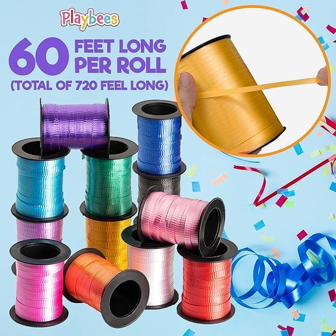 Curling Ribbon, - 12-Pack - 60 Foot Rolls - 240 Yards Total Assorted Colors Ribbon