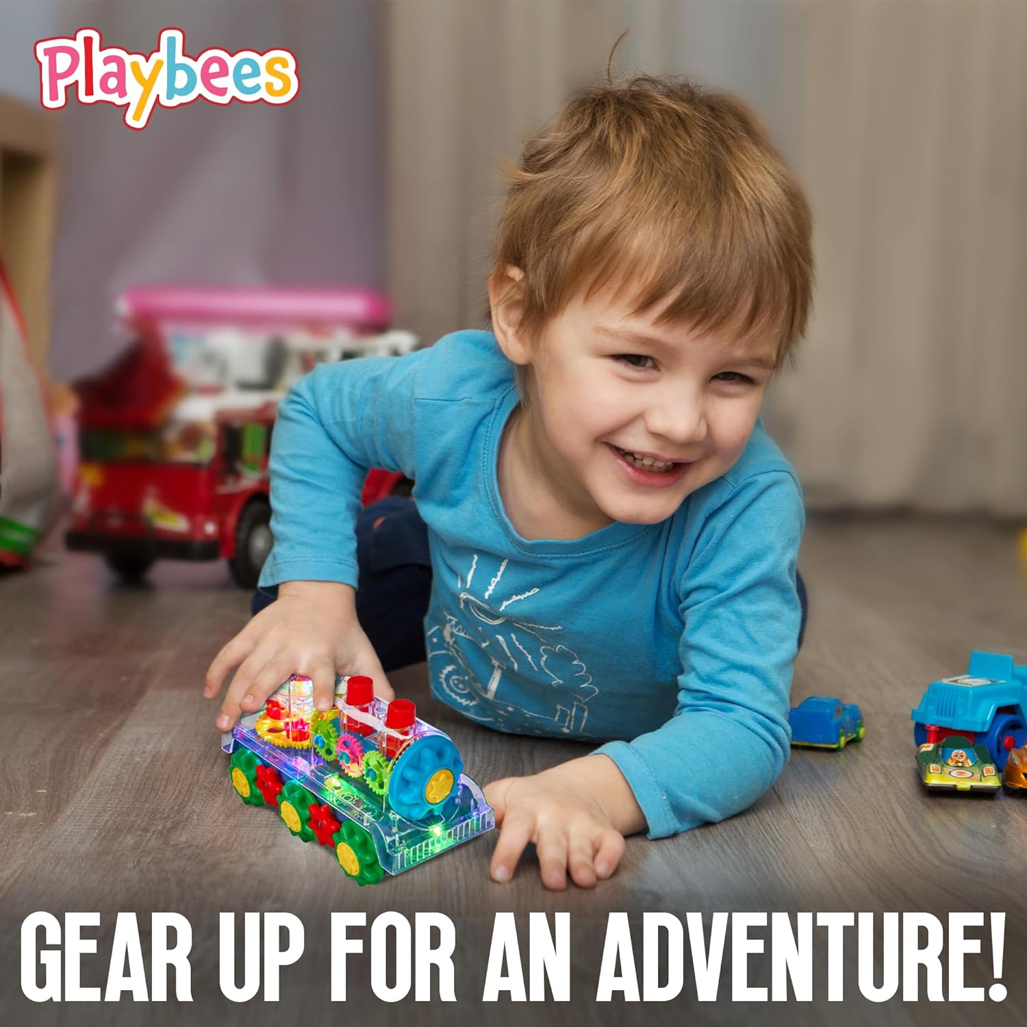 Light-Up Transparent Train Toy for Kids - 1 Pack - Bump and Go Colorful Moving Gears, Music, LED Effects