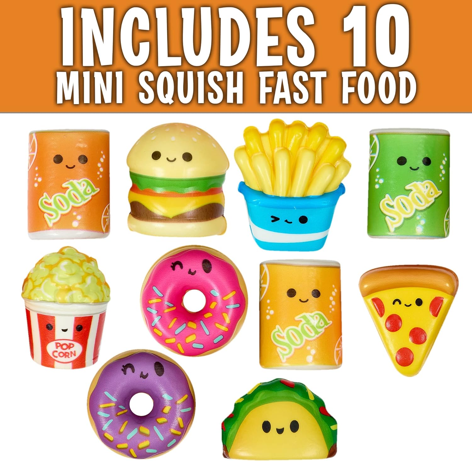 Mini Squish Fast Food Toys - 10 Pack - Assorted Designs Slow-Rise Stress Relief Toys for Kids, Mini Fidget Toys