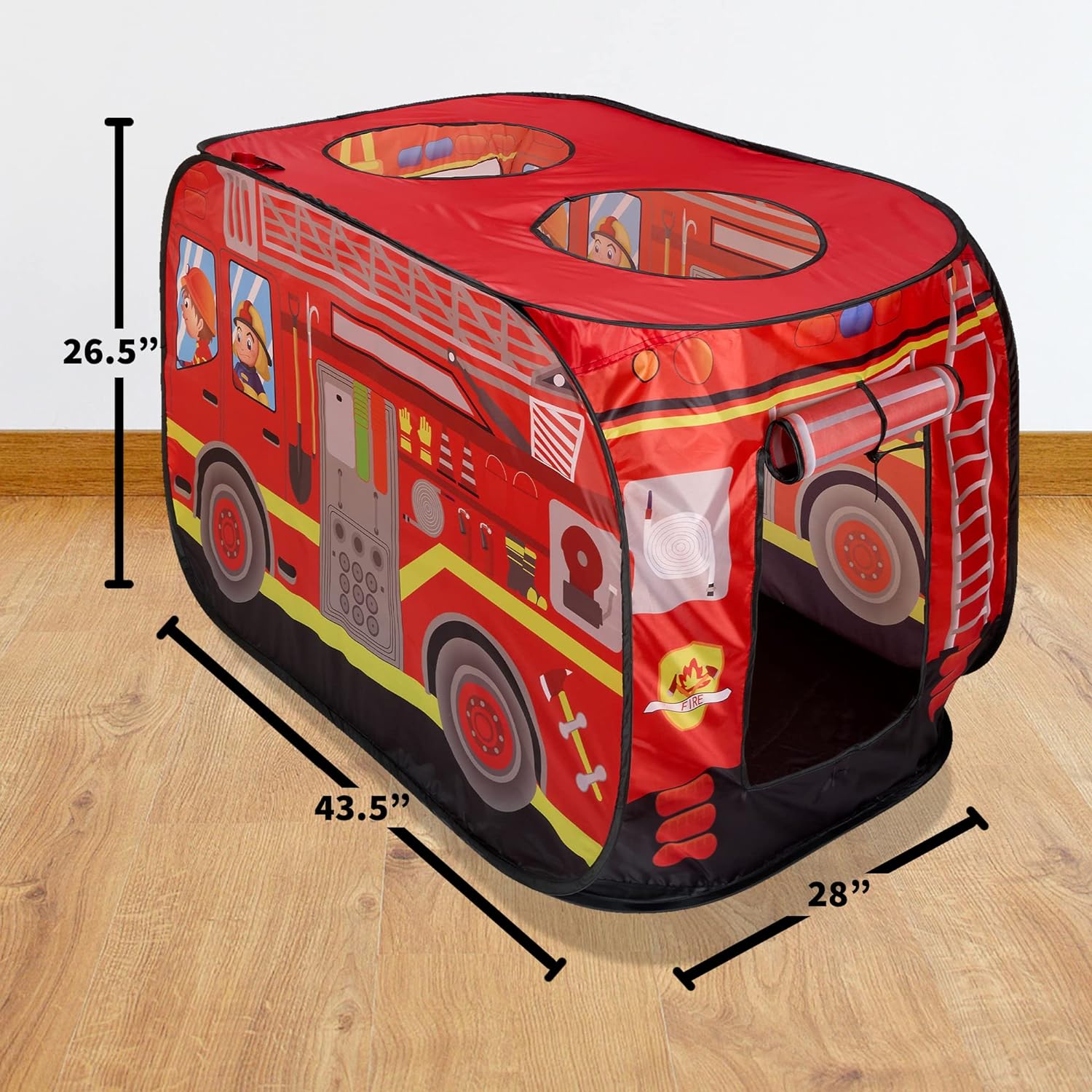 Musical Fire Truck Pop Up Play Tent with 3 Openings, Carry Bag, and Sound Button - Red Fire Engine Pretend Playhouse