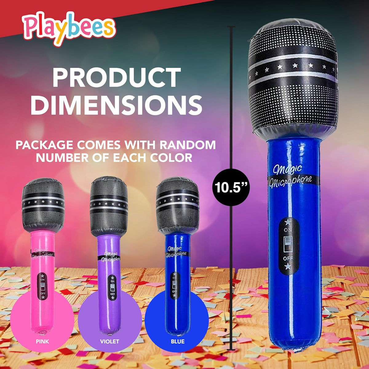 Inflatable Microphones - 12-Pack - 10.5" Vibrant Wireless Mics for Pool Play, Stage Acts, Pretend Play