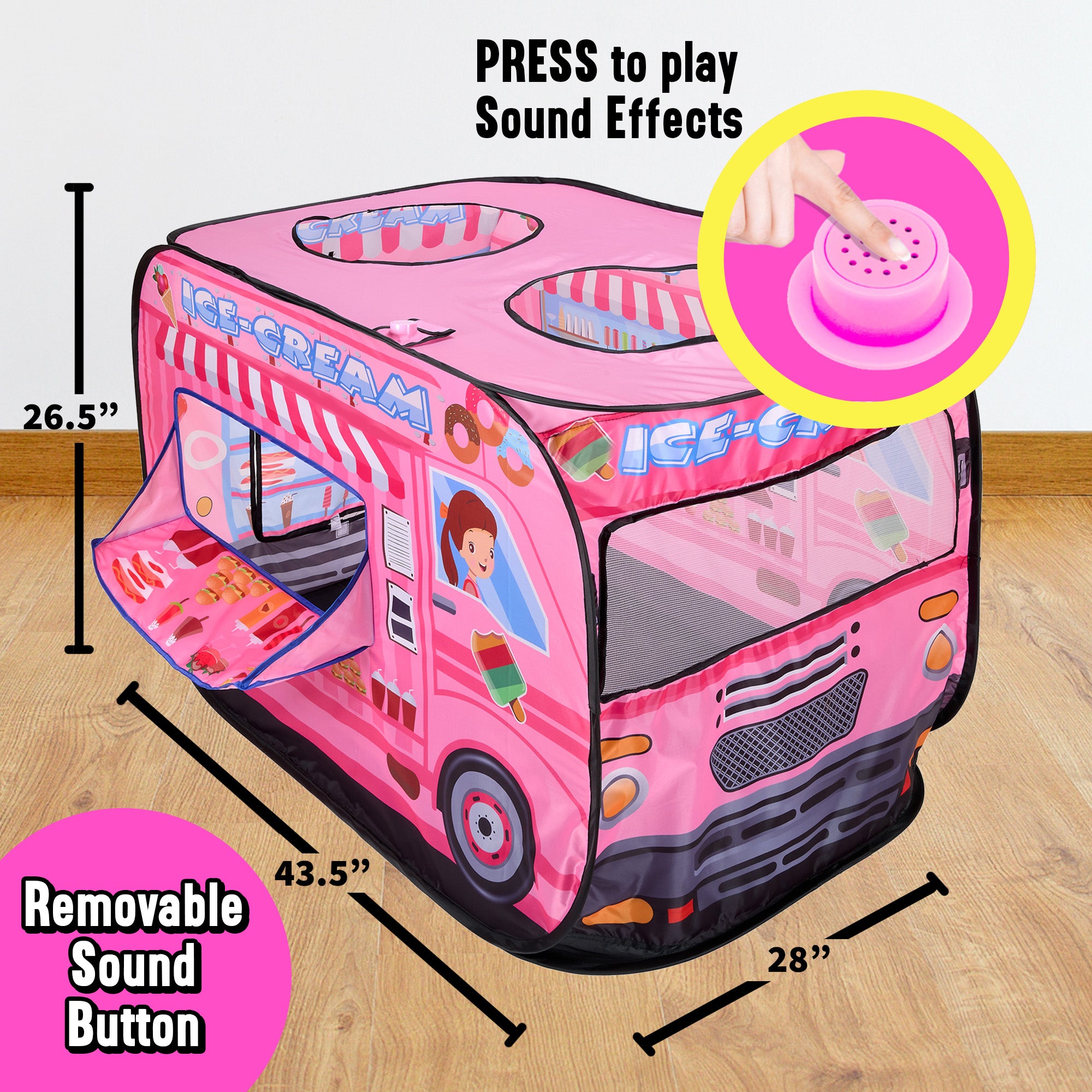 Musical Ice Cream Truck Pop Up Kids Play Tent with 3 Openings - Pretend Playhouse Tent for Toddlers - Sound Button Boys, Girls Indoor Outdoor