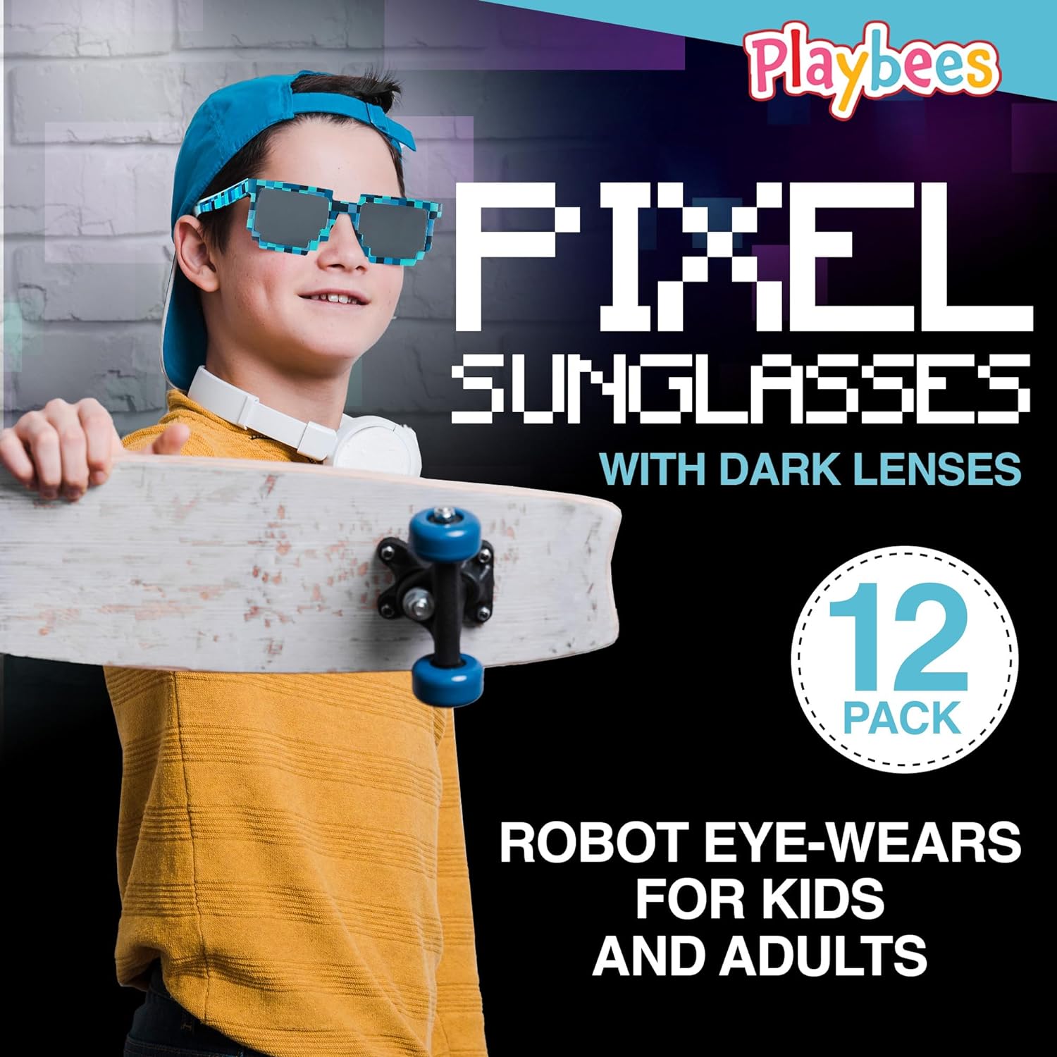 Pixel Sunglasses - 12 Pack - Robot Eye-wears - Pixelated Graphics Frames - UV Protected and Durable