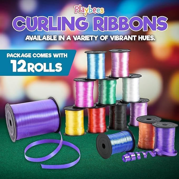 Curling Ribbon, - 12-Pack - 60 Foot Rolls - 240 Yards Total Assorted Colors Ribbon