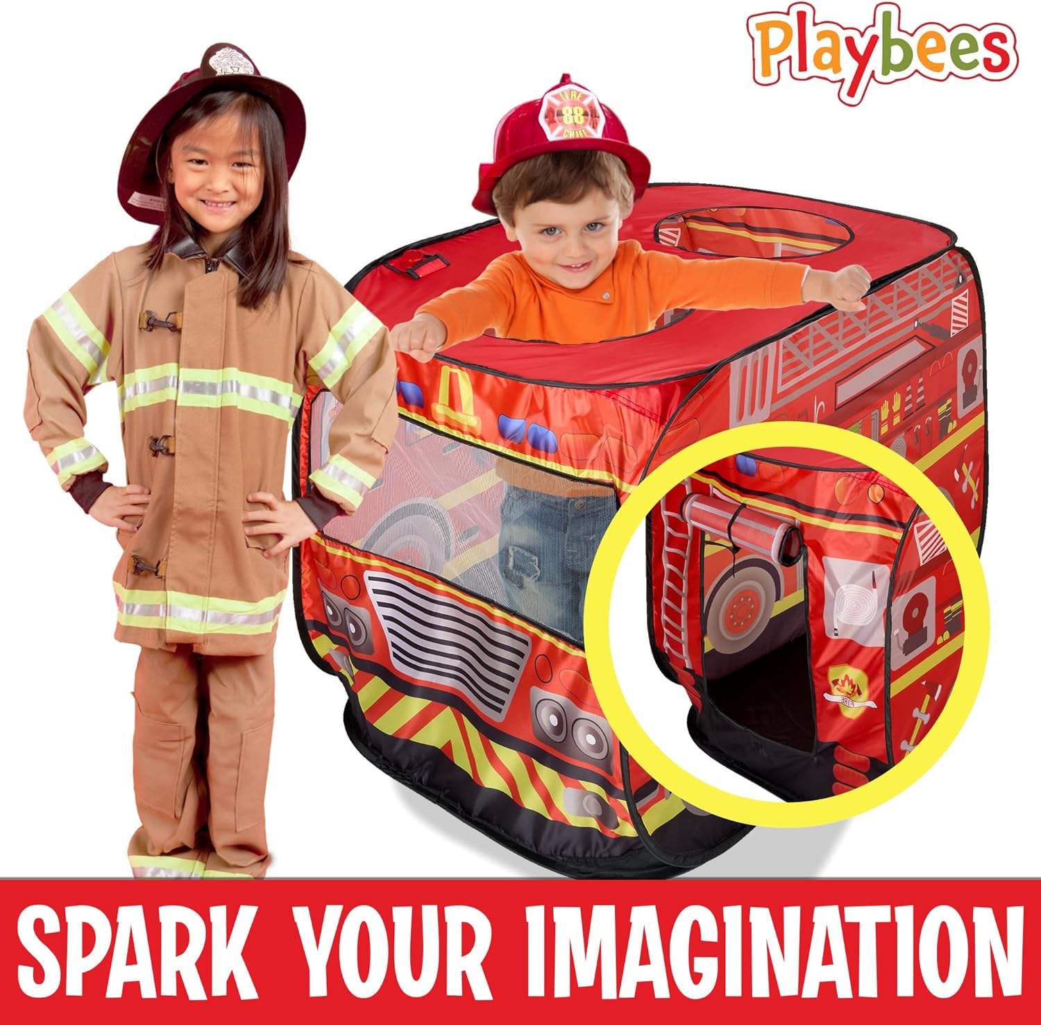 Musical Fire Truck Pop Up Play Tent with 3 Openings, Carry Bag, and Sound Button - Red Fire Engine Pretend Playhouse