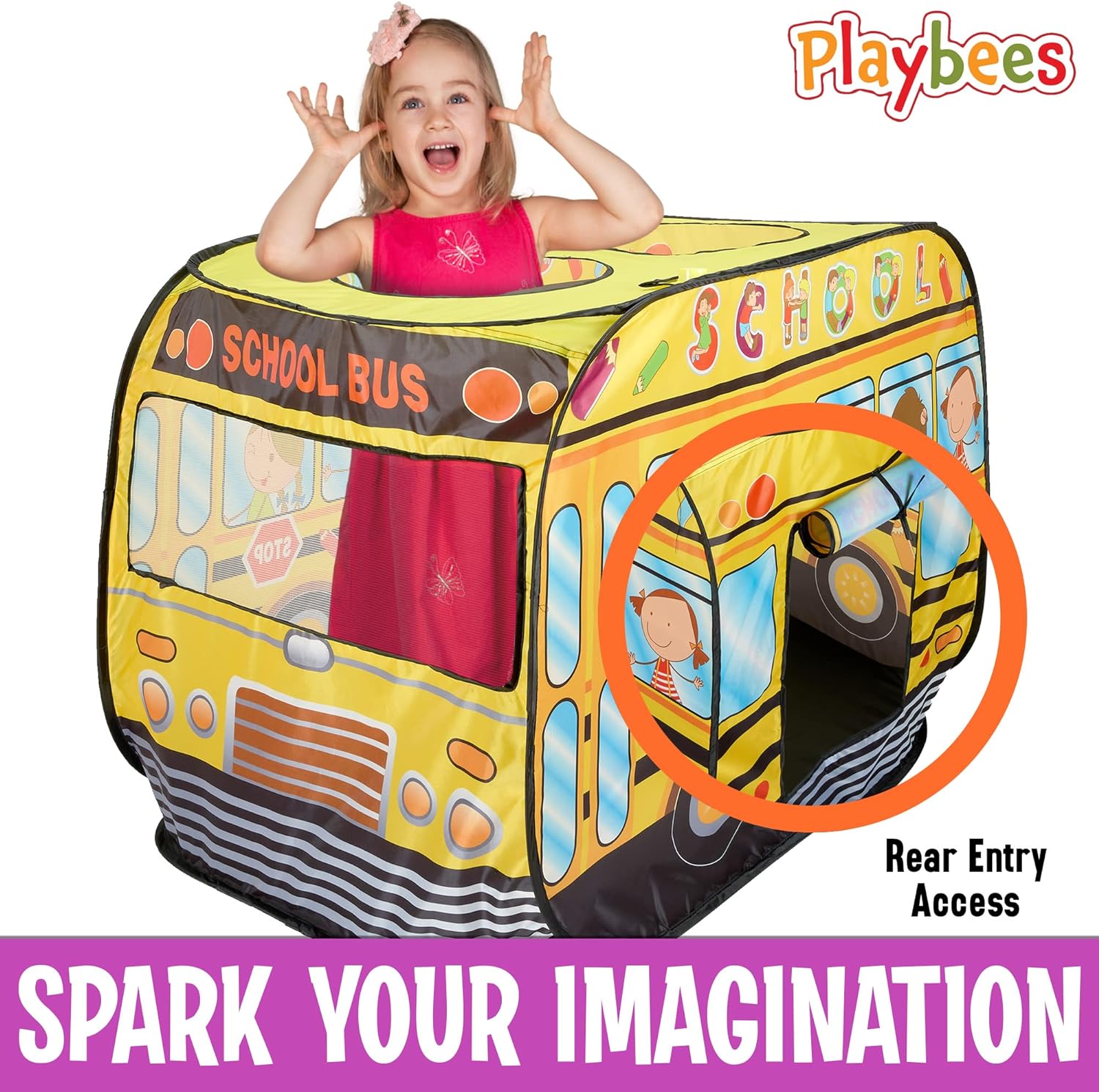 Musical School Bus Pop Up Play Tent with 3 Openings, Carry Bag, and Sound Button - Yellow Playhouse Toy