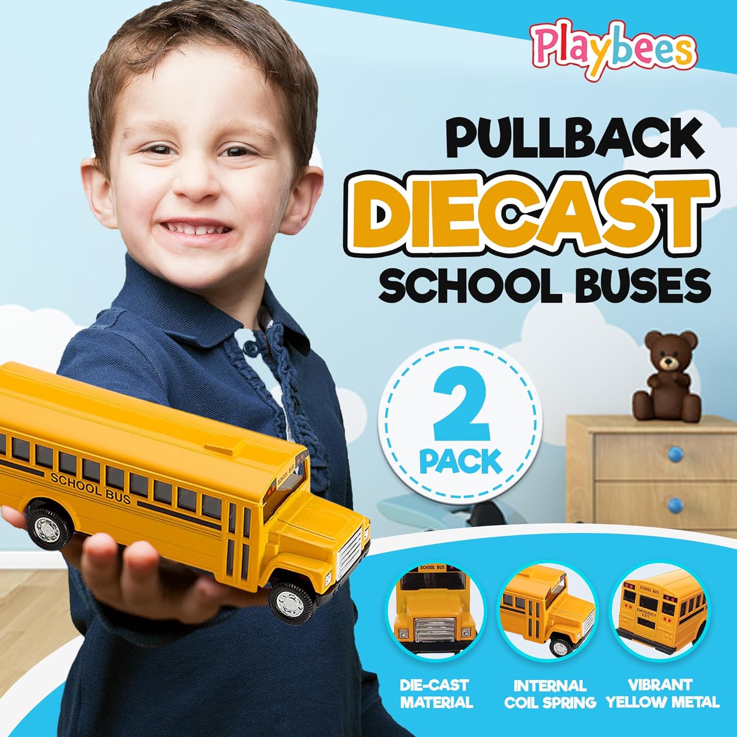 Pullback Diecast School Buses - 2 Pack - 5 Inch Yellow Metal Toys with Write-On Surfaces