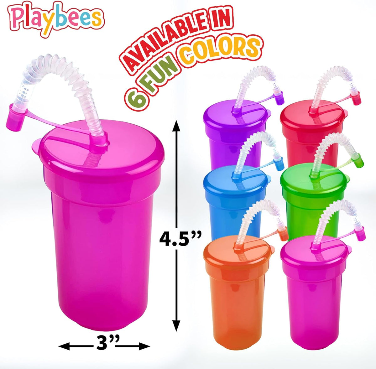 Neon Sipper Cups - 12 pack 6 Oz. - Colorful, Spill-Proof Cups with Lids and Straws - Party Supplies