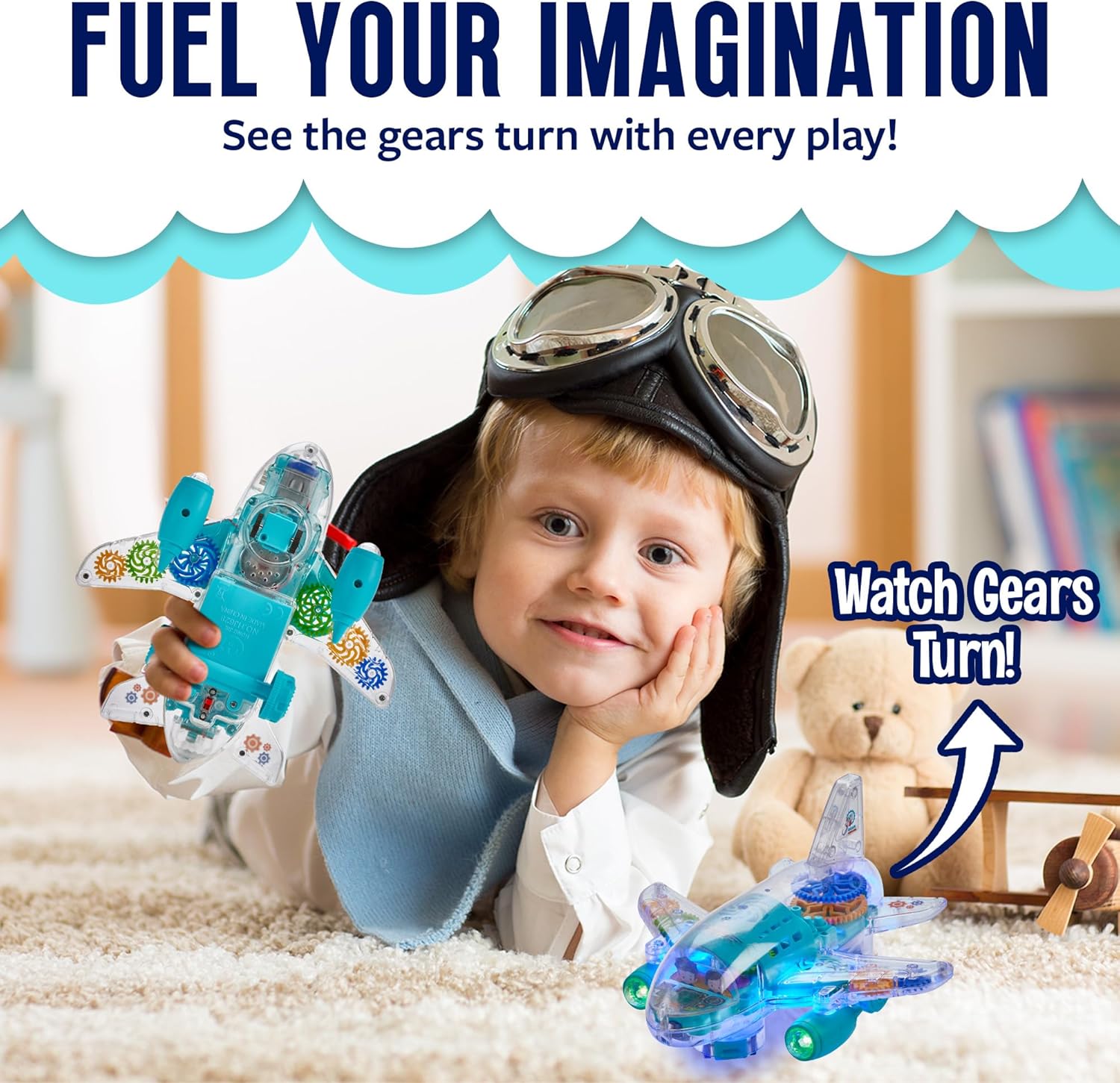 Light-Up Transparent Car Airplane for Kids - 1 Pack - Bump and Go Colorful Moving Gears, Music, LED Effects