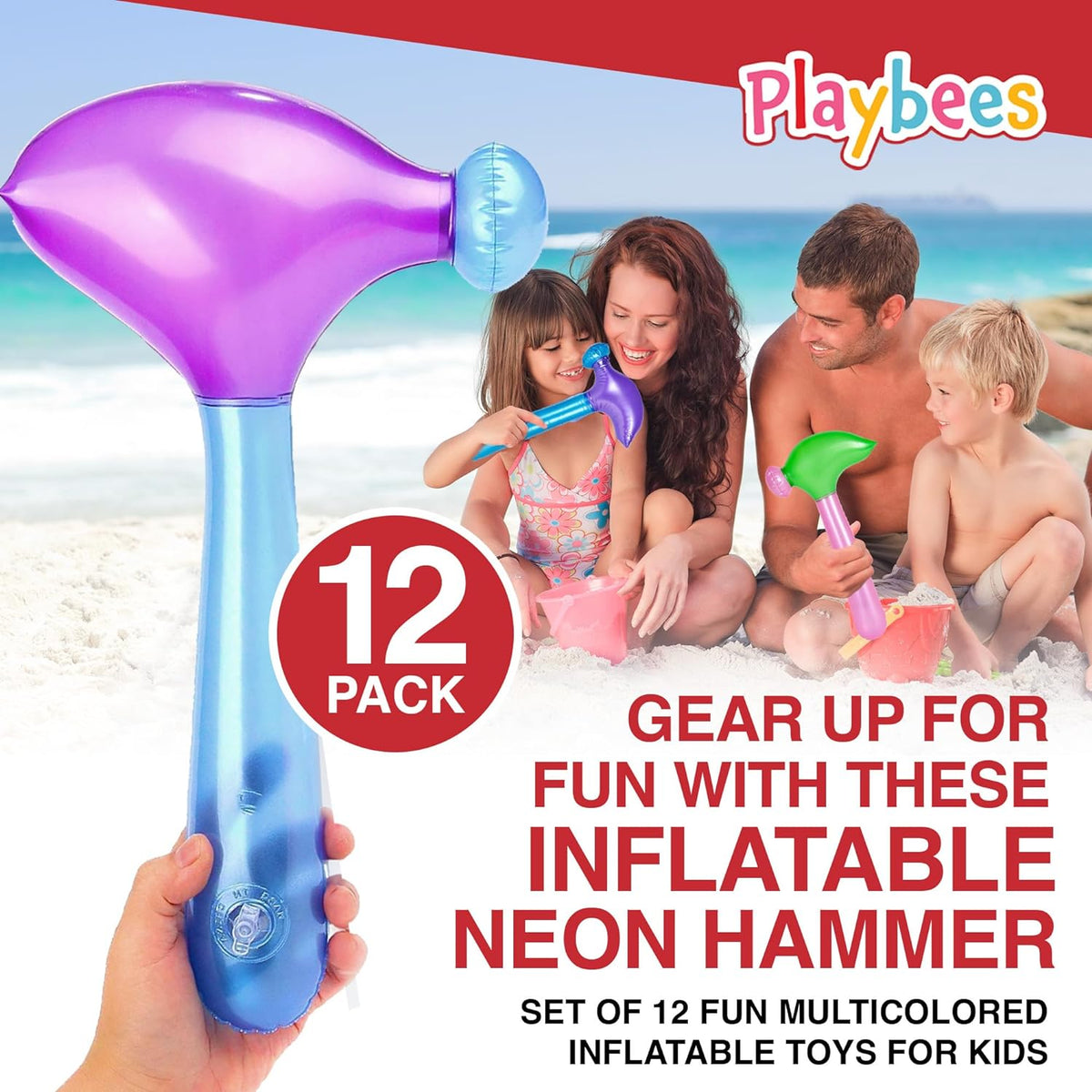 Multi-Colored Inflatable Hammer 14 Inch - 12 Pack - Assorted Neon Mallets - Perfect for Backdrops, Decor, Party Favors