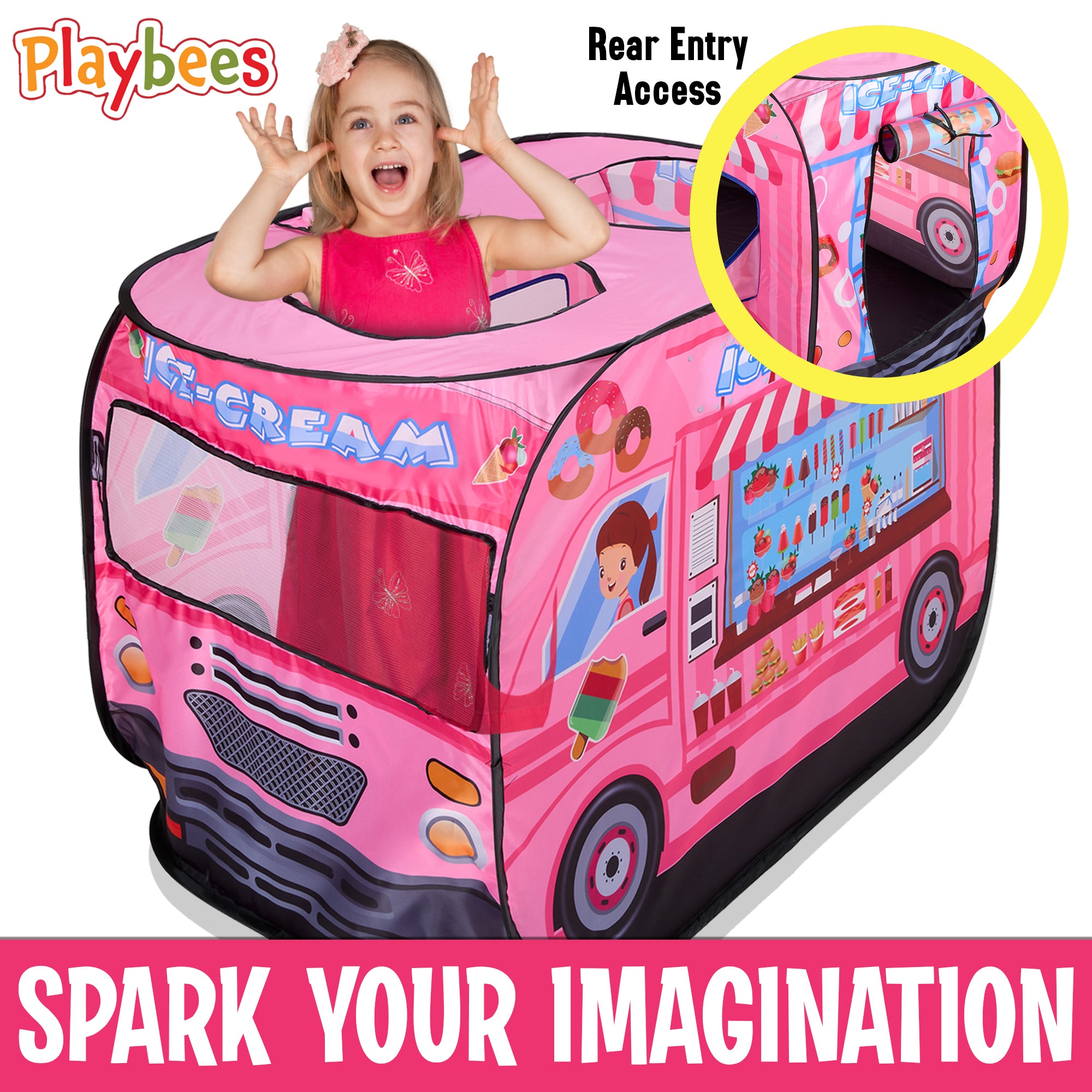 Musical Ice Cream Truck Pop Up Kids Play Tent with 3 Openings - Pretend Playhouse Tent for Toddlers - Sound Button Boys, Girls Indoor Outdoor