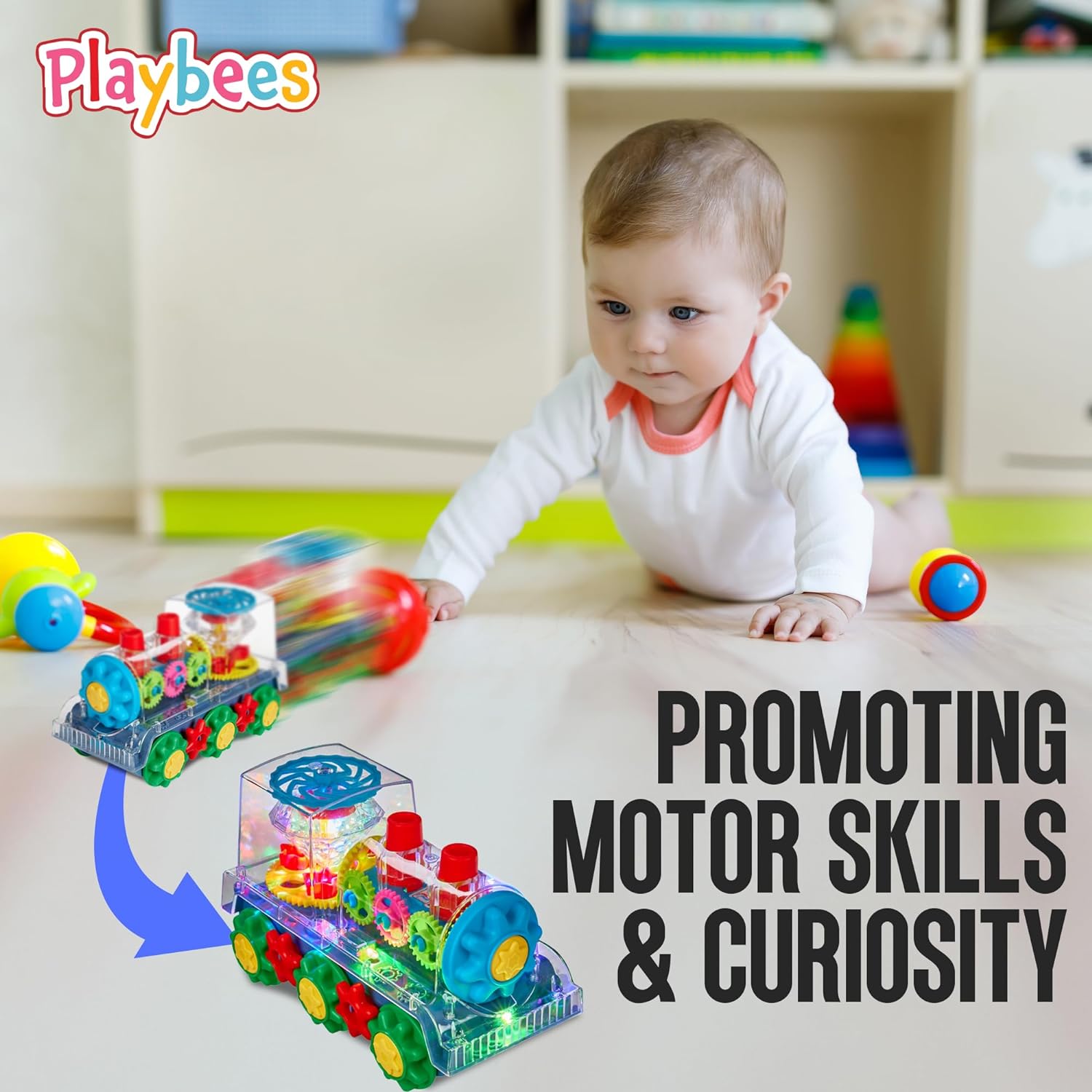 Light-Up Transparent Train Toy for Kids - 1 Pack - Bump and Go Colorful Moving Gears, Music, LED Effects