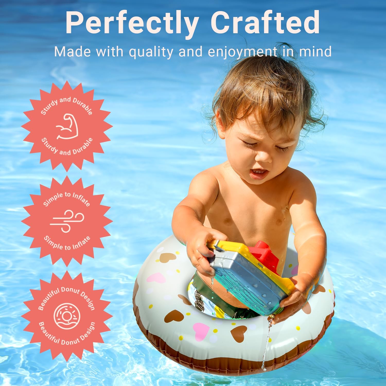 Sprinkle Donut Pool Floats - 4 Pack - Inflatable Floaties for Kids & Adults - Fun Summer Water Toy