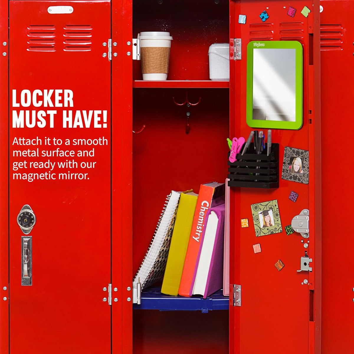 Magnetic Locker Mirror - 5" x 7" Green - Ideal for School Locker, Refrigerator, and Home Use