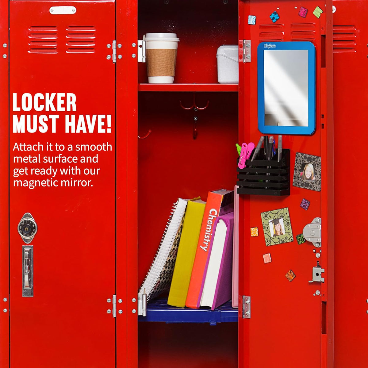 Magnetic Locker Mirror - 5" x 7" Blue -  Ideal for School Locker, Refrigerator, and Home Use