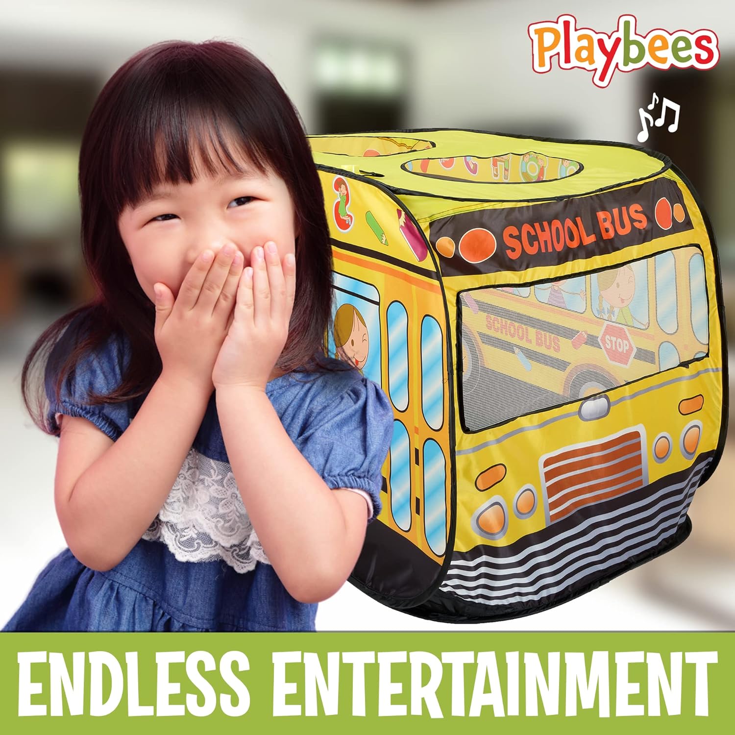 Musical School Bus Pop Up Play Tent with 3 Openings, Carry Bag, and Sound Button - Yellow Playhouse Toy