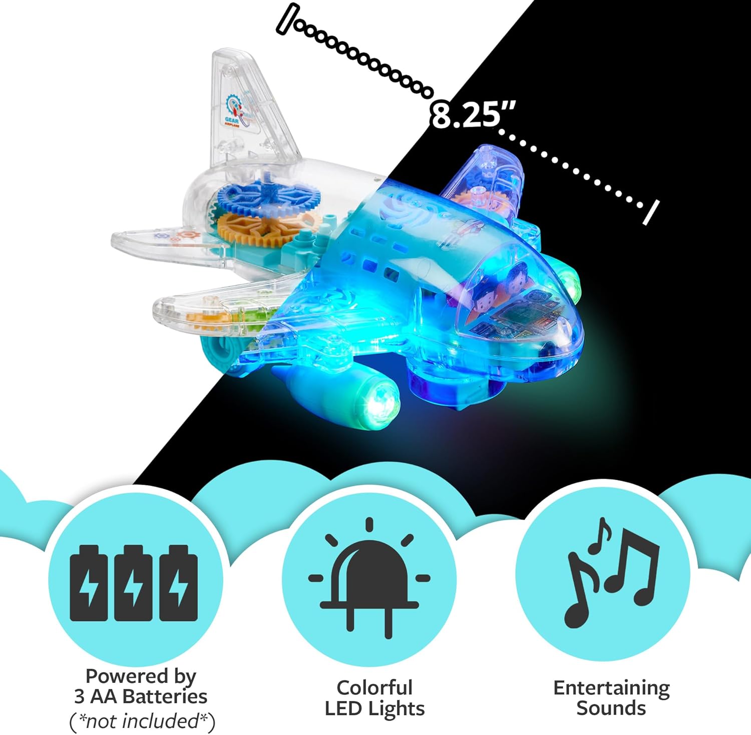 Light-Up Transparent Car Airplane for Kids - 1 Pack - Bump and Go Colorful Moving Gears, Music, LED Effects