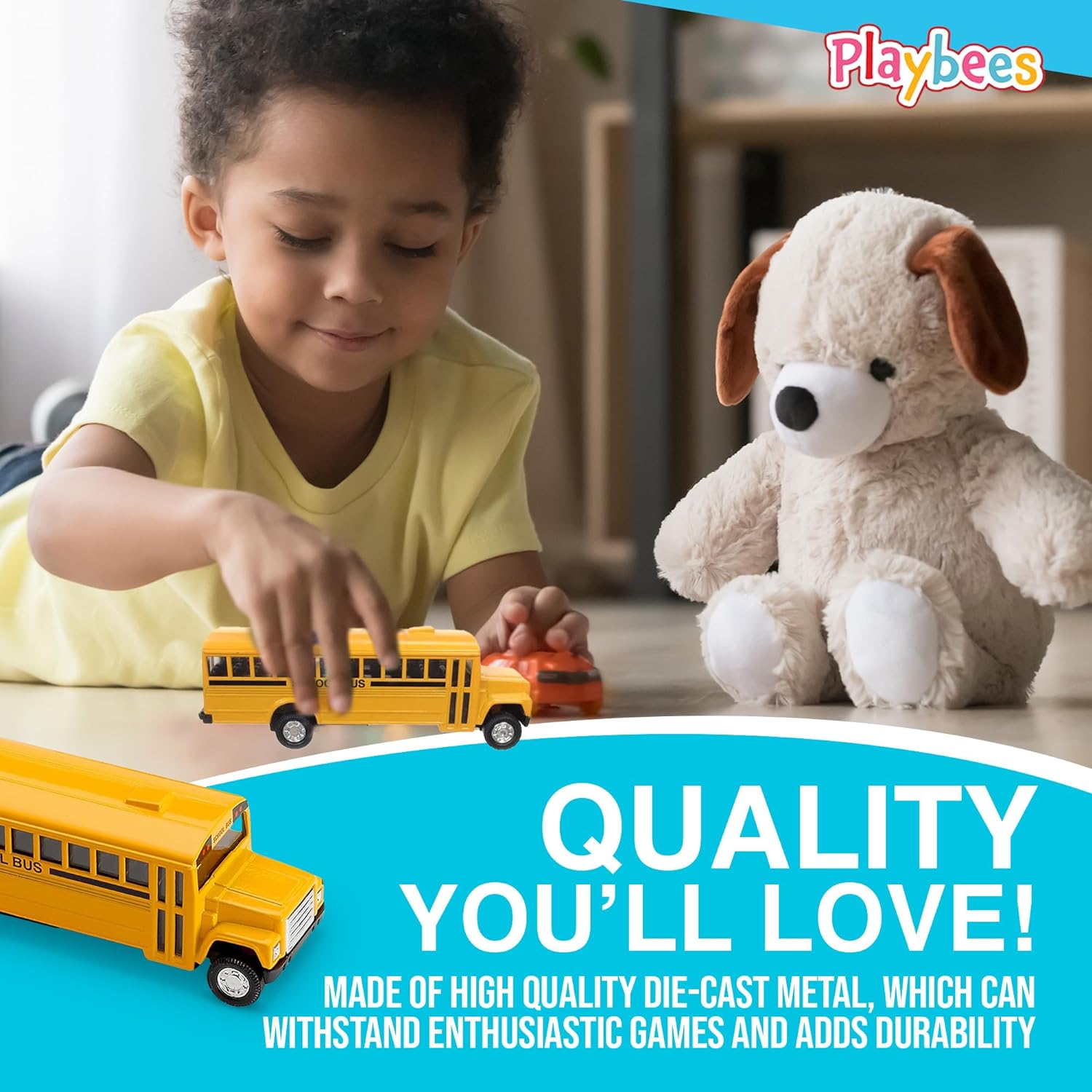 Pullback Diecast School Buses - 2 Pack - 5 Inch Yellow Metal Toys with Write-On Surfaces