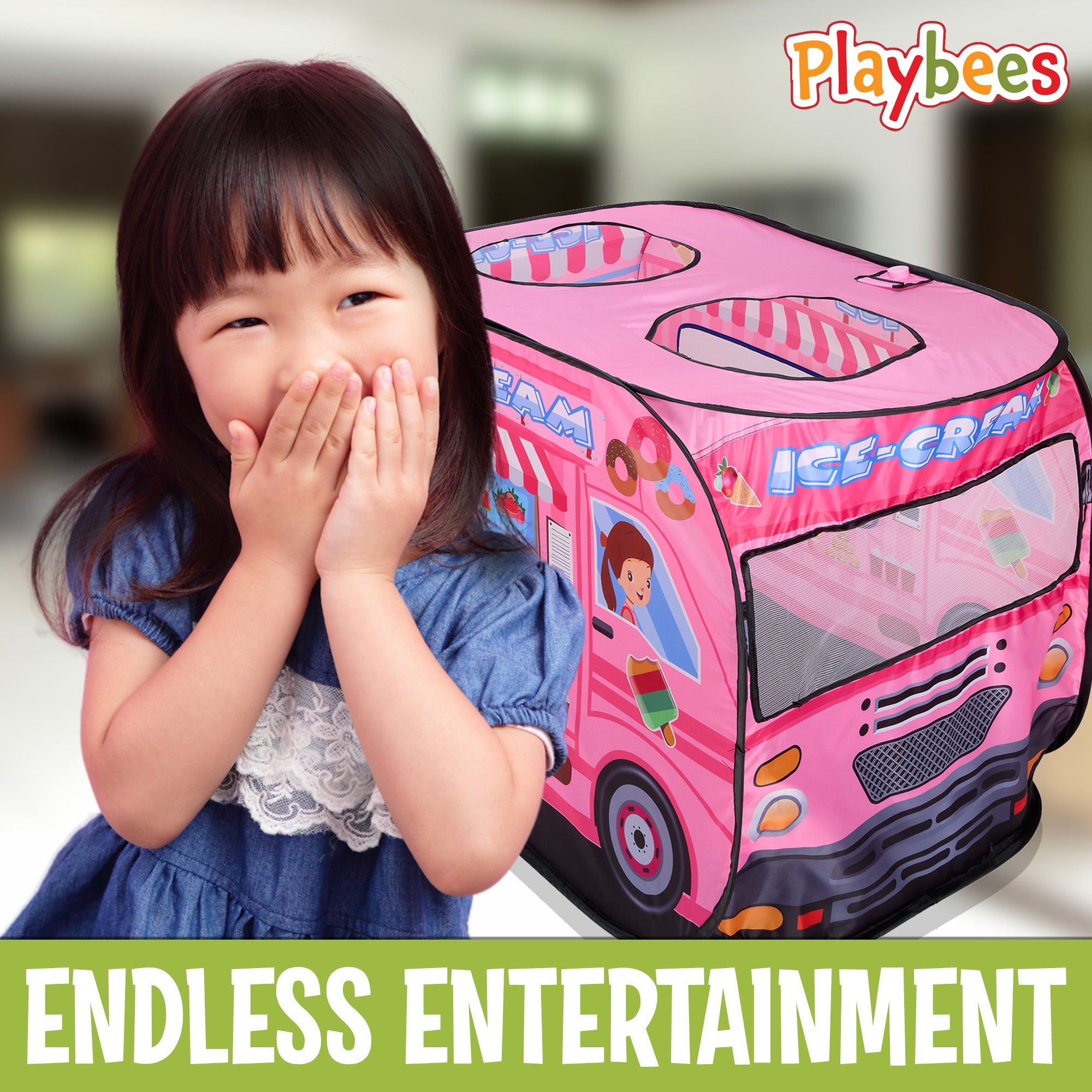 Musical Ice Cream Truck Pop Up Kids Play Tent with 3 Openings - Pretend Playhouse Tent for Toddlers - Sound Button Boys, Girls Indoor Outdoor