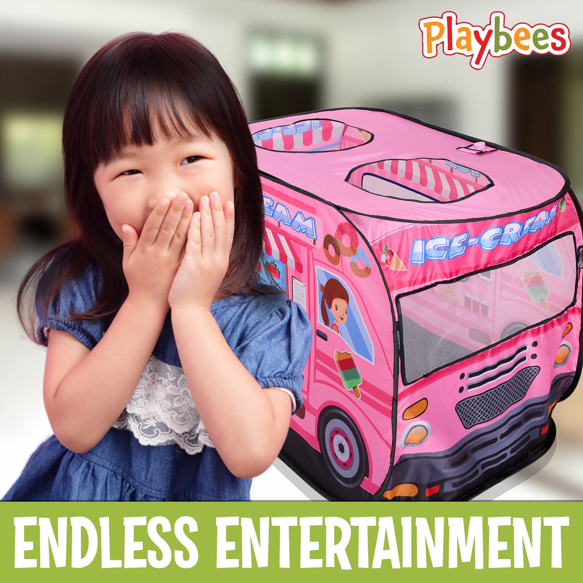 Musical Ice Cream Truck Pop Up Kids Play Tent with 3 Openings - Pretend Playhouse Tent for Toddlers - Sound Button Boys, Girls Indoor Outdoor