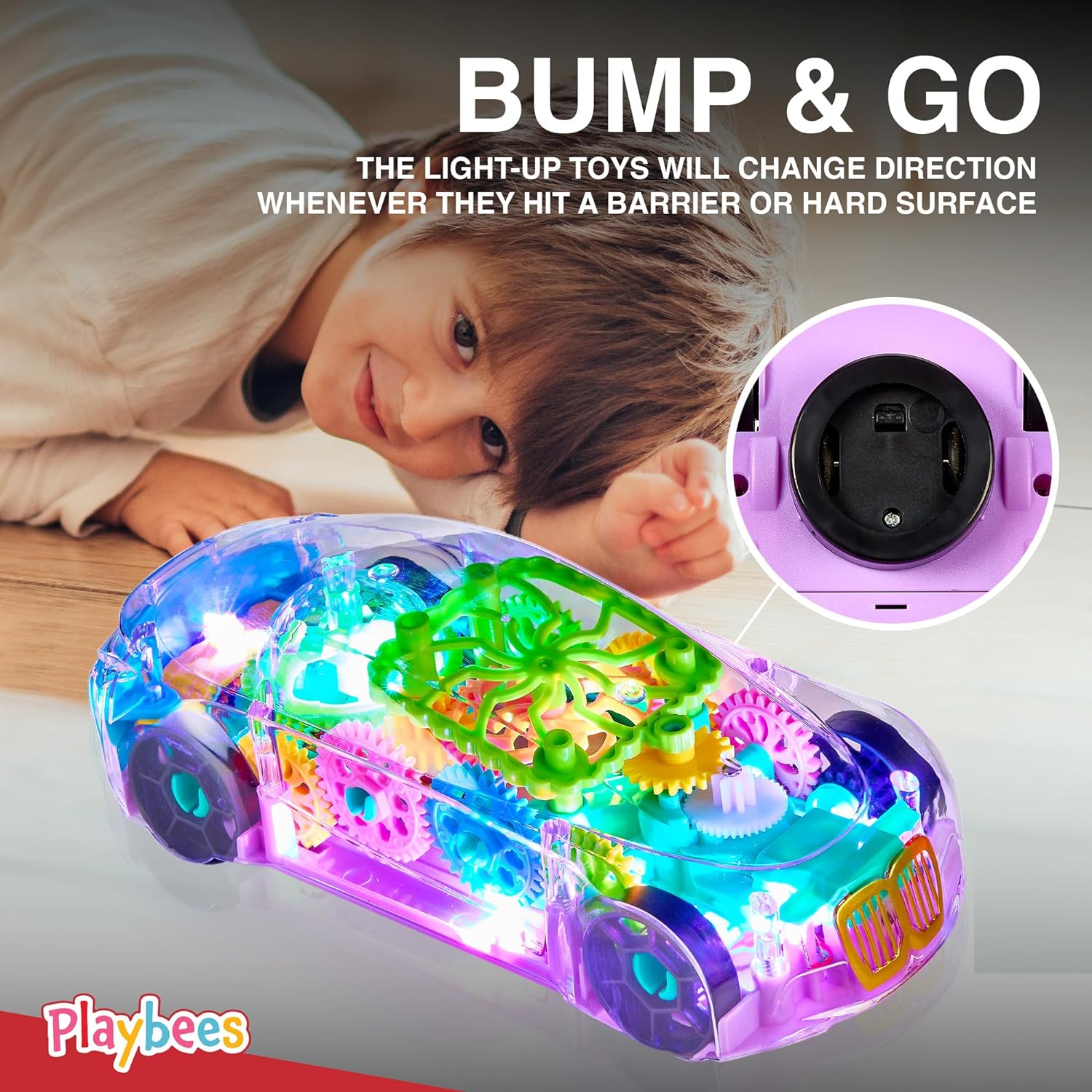 Light-Up Transparent Car Toy for Kids - 1 Pack - Bump and Go Colorful Moving Gears