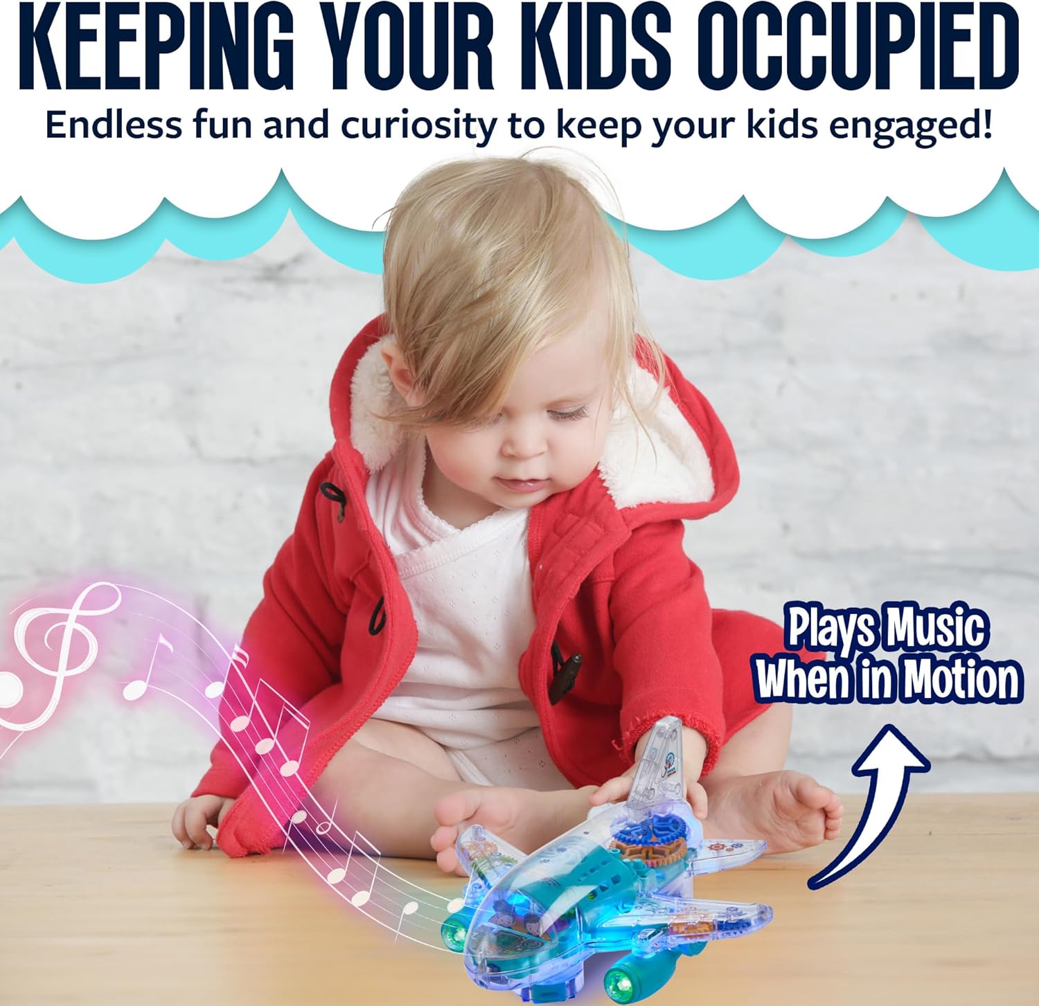 Light-Up Transparent Car Airplane for Kids - 1 Pack - Bump and Go Colorful Moving Gears, Music, LED Effects