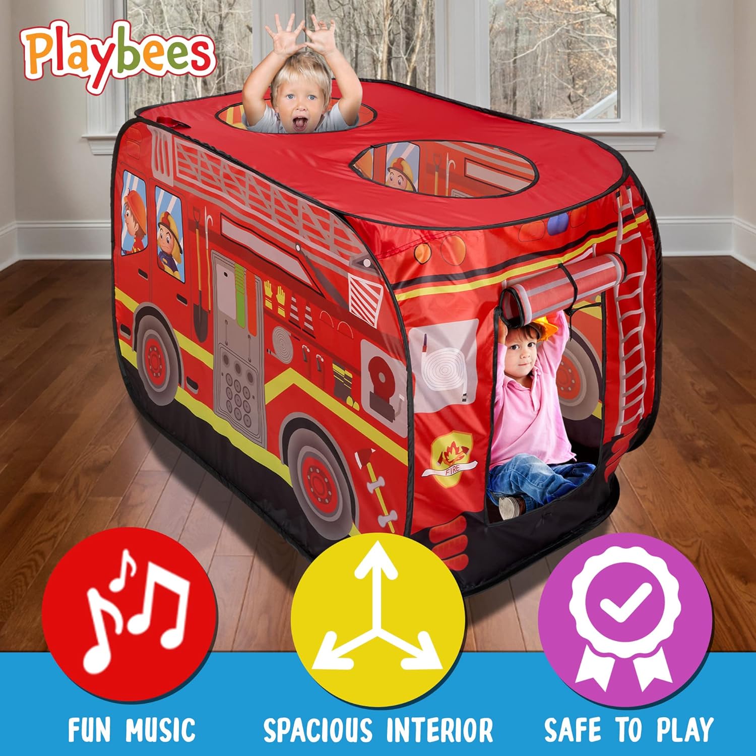 Musical Fire Truck Pop Up Play Tent with 3 Openings, Carry Bag, and Sound Button - Red Fire Engine Pretend Playhouse