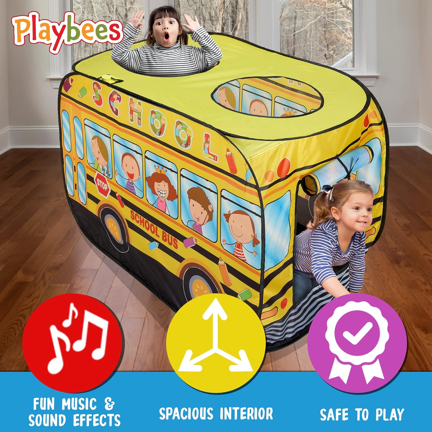 Musical School Bus Pop Up Play Tent with 3 Openings, Carry Bag, and Sound Button - Yellow Playhouse Toy