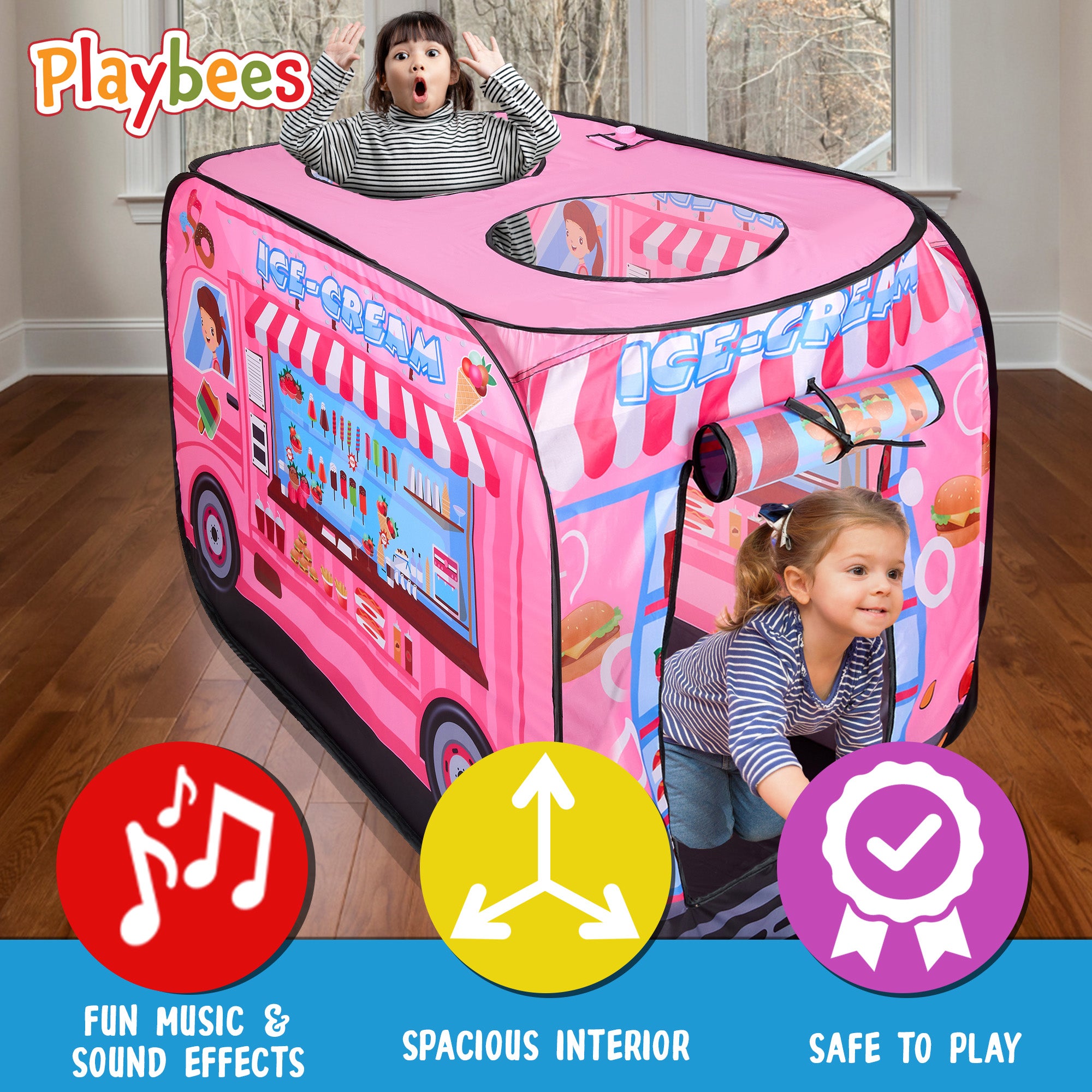 Musical Ice Cream Truck Pop Up Kids Play Tent with 3 Openings - Pretend Playhouse Tent for Toddlers - Sound Button Boys, Girls Indoor Outdoor