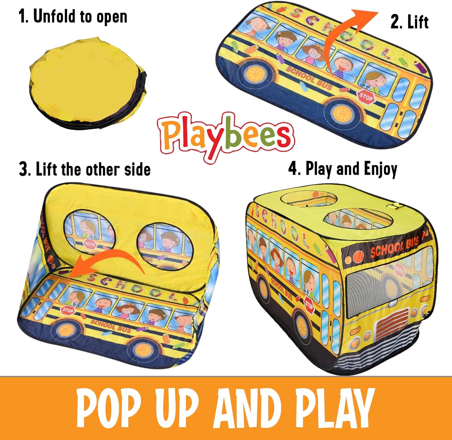 Musical School Bus Pop Up Play Tent with 3 Openings, Carry Bag, and Sound Button - Yellow Playhouse Toy