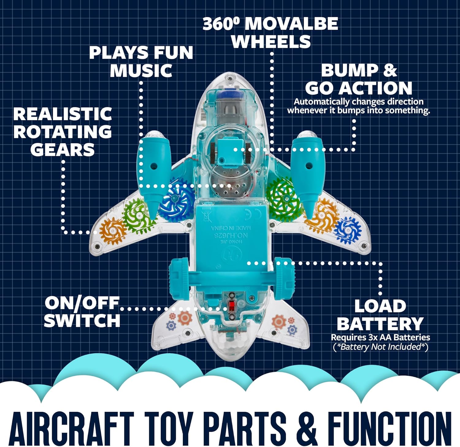 Light-Up Transparent Car Airplane for Kids - 1 Pack - Bump and Go Colorful Moving Gears, Music, LED Effects