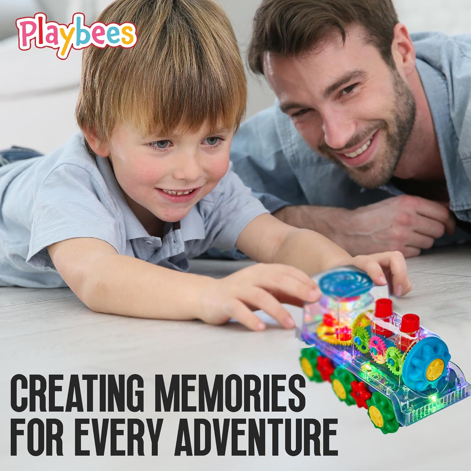 Light-Up Transparent Train Toy for Kids - 1 Pack - Bump and Go Colorful Moving Gears, Music, LED Effects